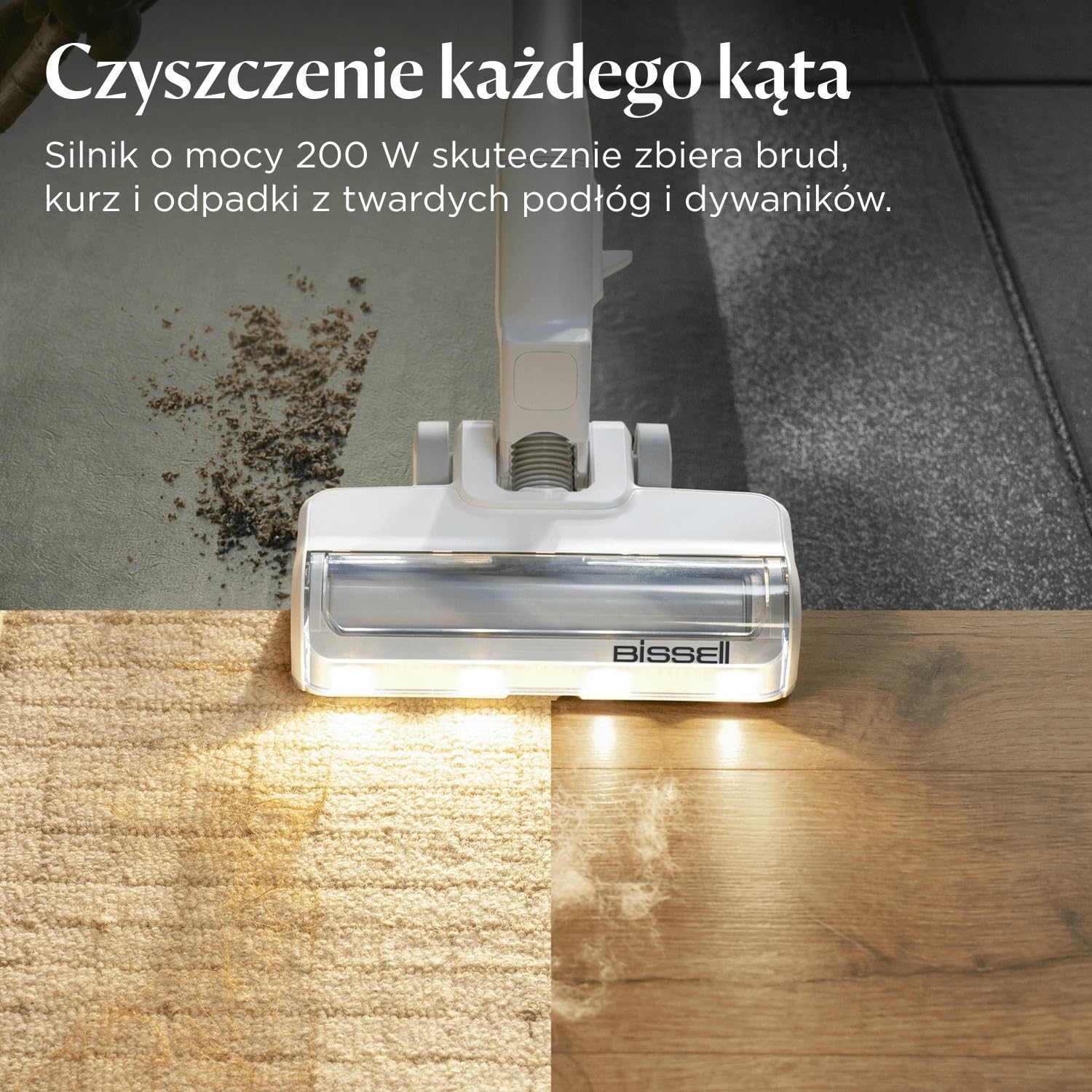 BISSELL PowerClean, odkurzacz pionowy, silnik 200 W, diody LED, nieplącząca się szczotka, odkurzacz 3 w 1, konstrukcja stojąca, filtr HEPA, wymienna bateria 2000 mAh, czas pracy 40 min, 4261N