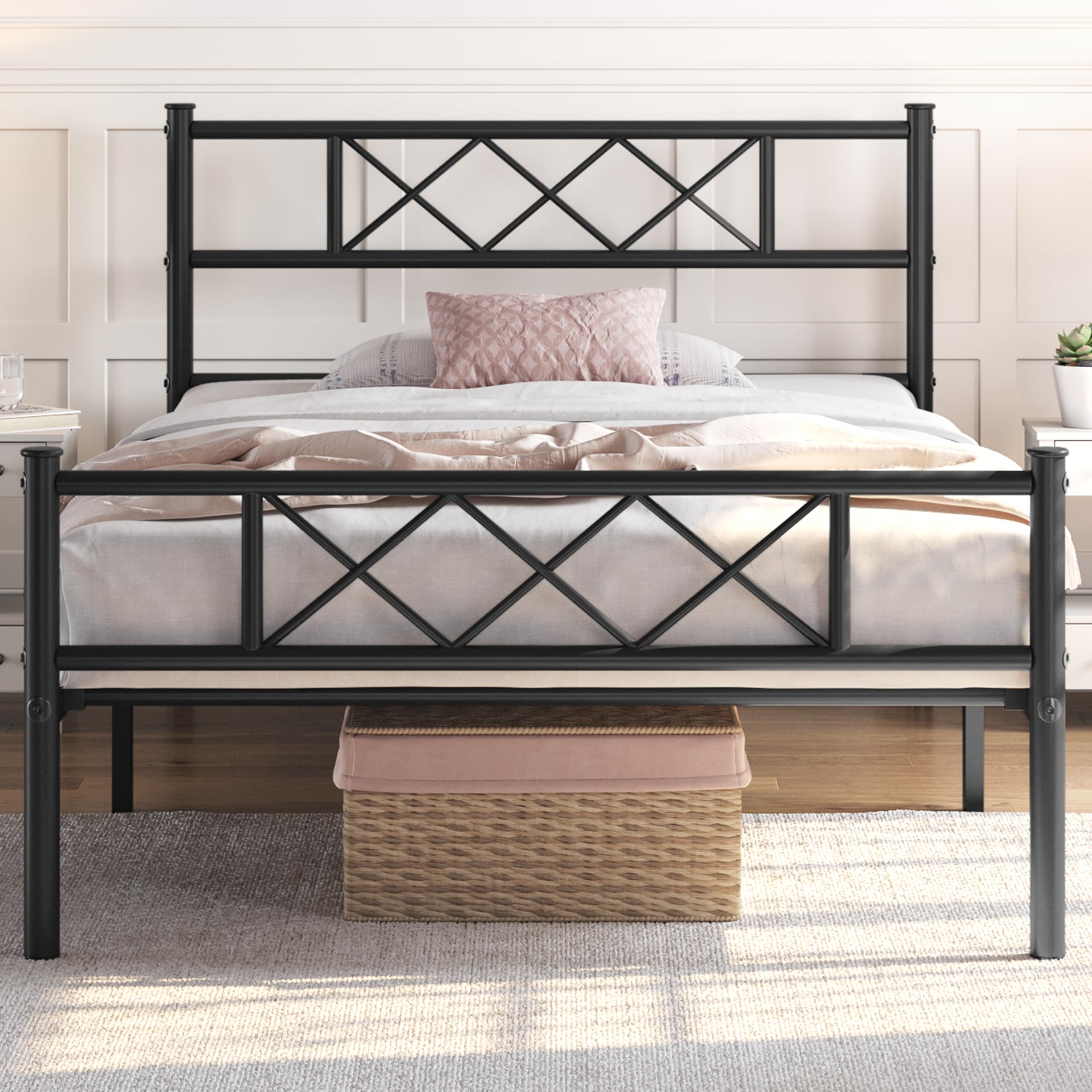 Yaheetech Modern Metallbett 90x190 cm Bettgestelle mit Lattenrost, Doppelbett/Einzelbett, Bettrahmen mit Kopfteil, Gästebett Jugendbett für Schlafzimmer Gästezimmer Schwarz