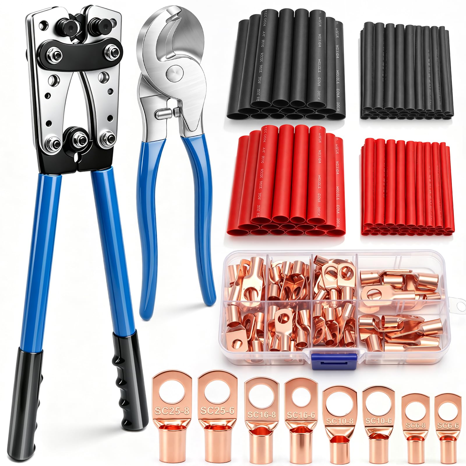 Kit de herramientas de crimpado de terminales de cable de batería, juego de accesorios de 156 piezas con 2 herramientas, crimpadora AWG 10-1/0 con cortador de cable, 76 lengüetas de cobre y 80 tubos
