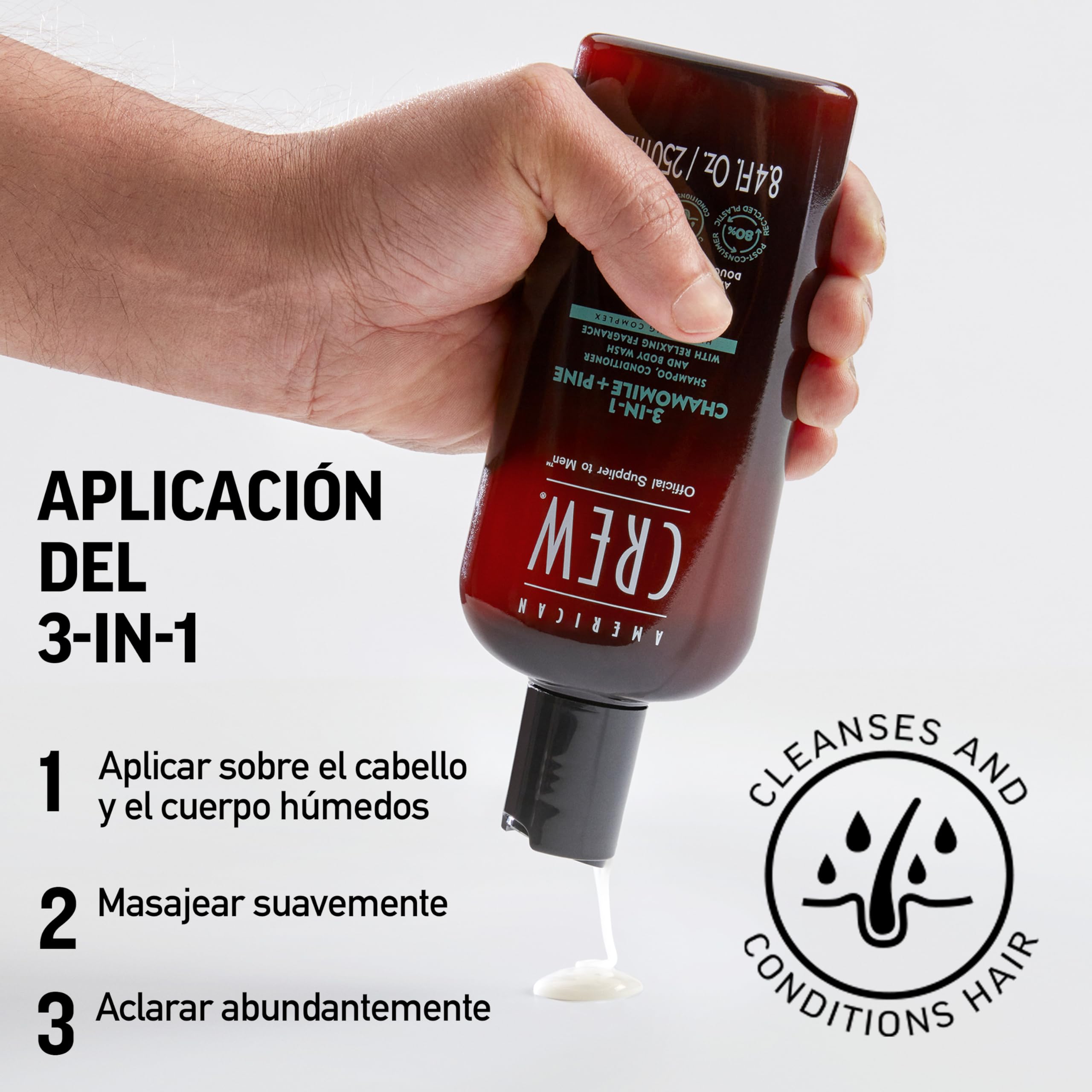American Crew 3 en 1 Manzanilla y Pino, Champú Acondicionador y Gel de Ducha, Limpia e Hidrata el Cabello y Cuerpo, Mantiene y Repone la Barrera de Hidratación, Aroma Tranquilizante y Relajante