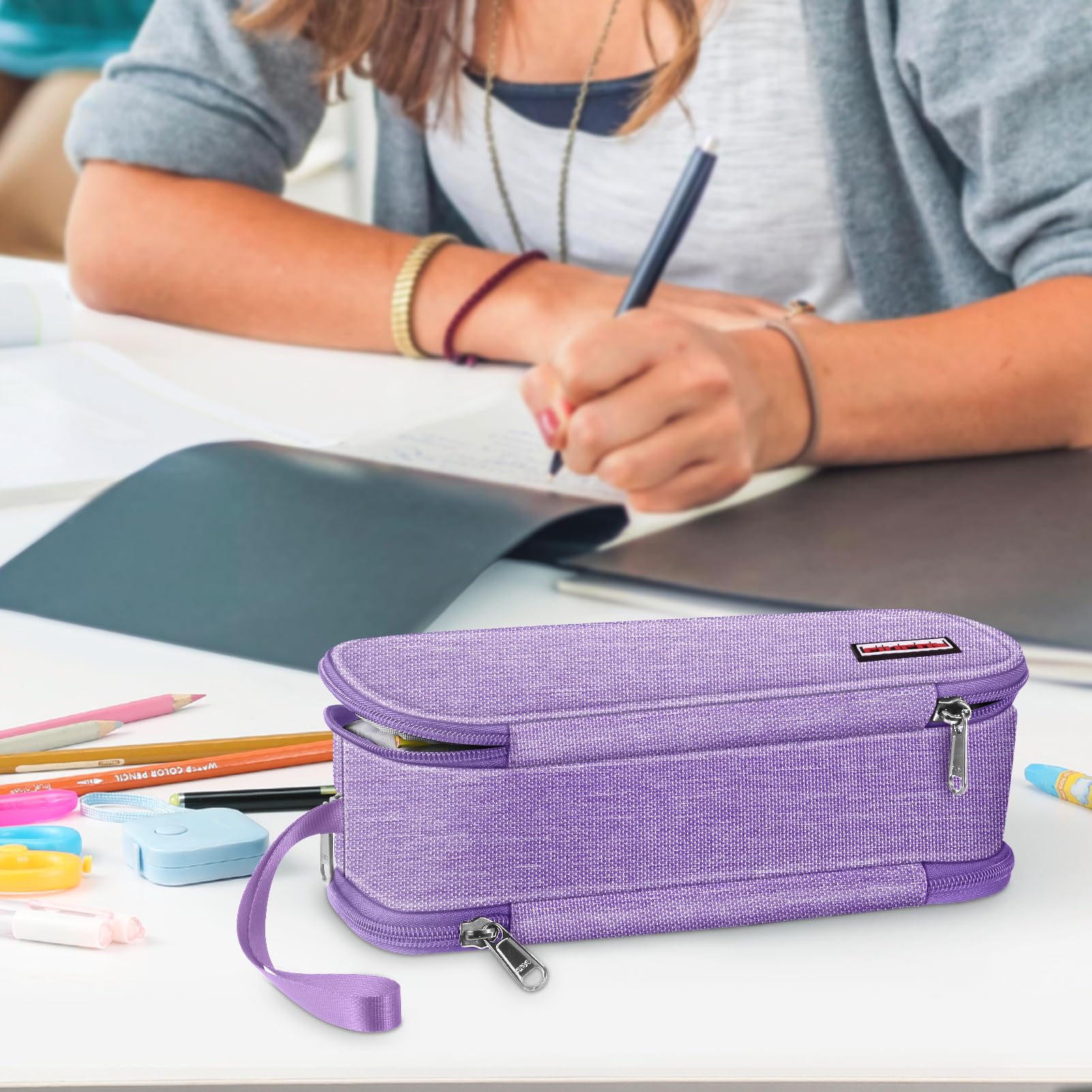FINPAC Astuccio di Grande Capacità, Portatile Cancelleria Borsa con 3 Scomparti, Portamatite con Cerniera per Scuola Ufficio Studenti Universitari Adulto, (Scomparti-Viola)