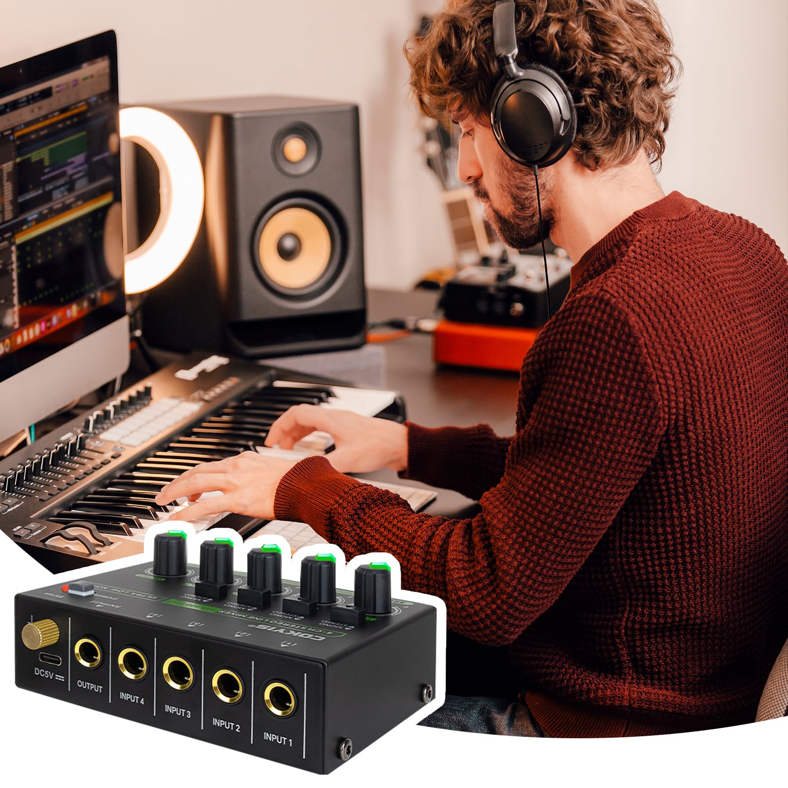 4 Kanal Stereo Audio Mixer, Mischpult 4 Kanäle 6,35mm Audiomischer mit 4 Eingänge und 1 Ausgang Type-C Aufladen Audiomixer für Bandauftritte Bühnenauftritte Instrumentenübungen Musikaufnahmen
