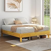 Vista 3 de Yaheetech Base de cama King con plataforma de madera maciza natural con soporte de listones de madera, espacio debajo de la cama de 12 pulgadas