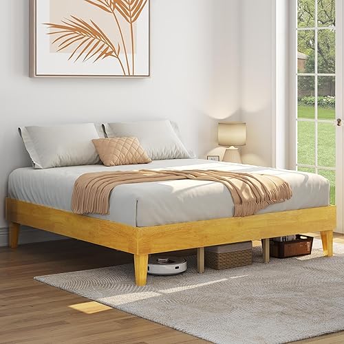 Miniatura 44 de Yaheetech Base de cama Queen con plataforma de madera maciza natural con soporte de listones de madera, espacio debajo de la cama de 12 pulgadas