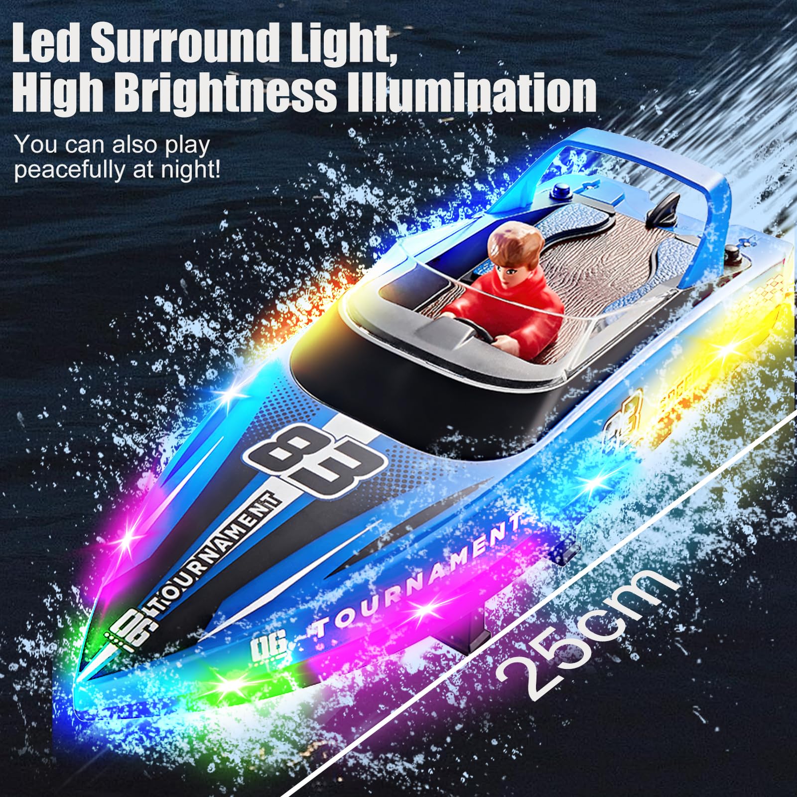 Barco teledirigido con luces LED, 2,4 GHz alta velocidad, lancha de control remoto de alta velocidad y baja, 120 min de resistencia, piscina, lago/estanque juguete