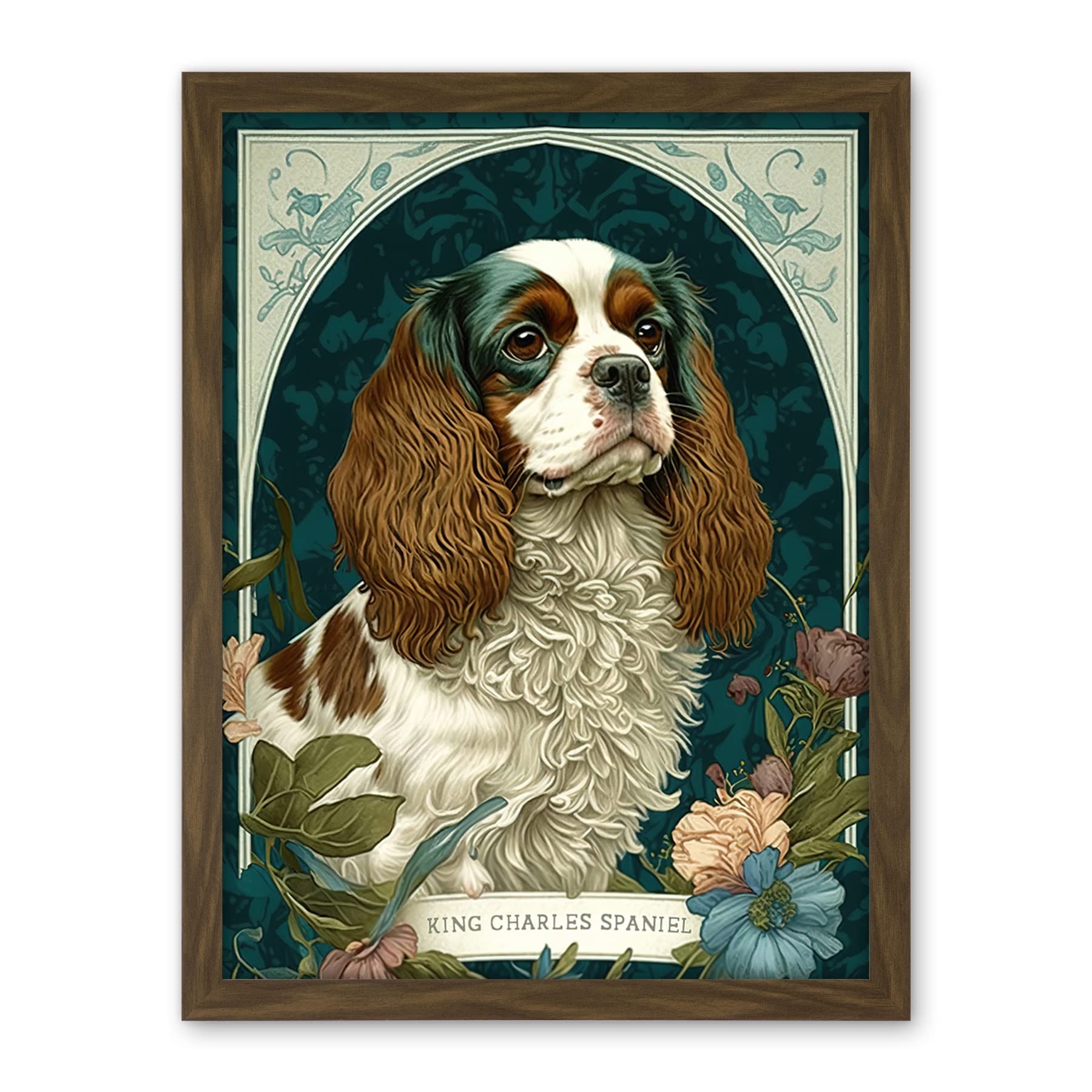 Artery8 King Charles Spaniel Dog with Flower Blooms Modern Art Nouveau Illustration Artwork Framed Wall Art Print 18X24 Inch