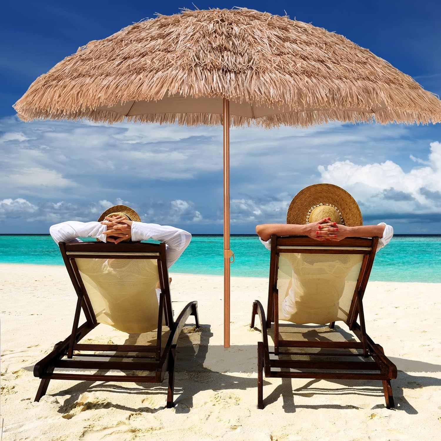 GOPLUS Parasol de Jardin Exterieur en Chaume PP, 2,4M Parasol Paille de Style Hawaïen Tropical avec Toit, 8 Baleines, 7 Couches, Anti-UV, pour Plage Patio Terrasse, Base Non Inclus