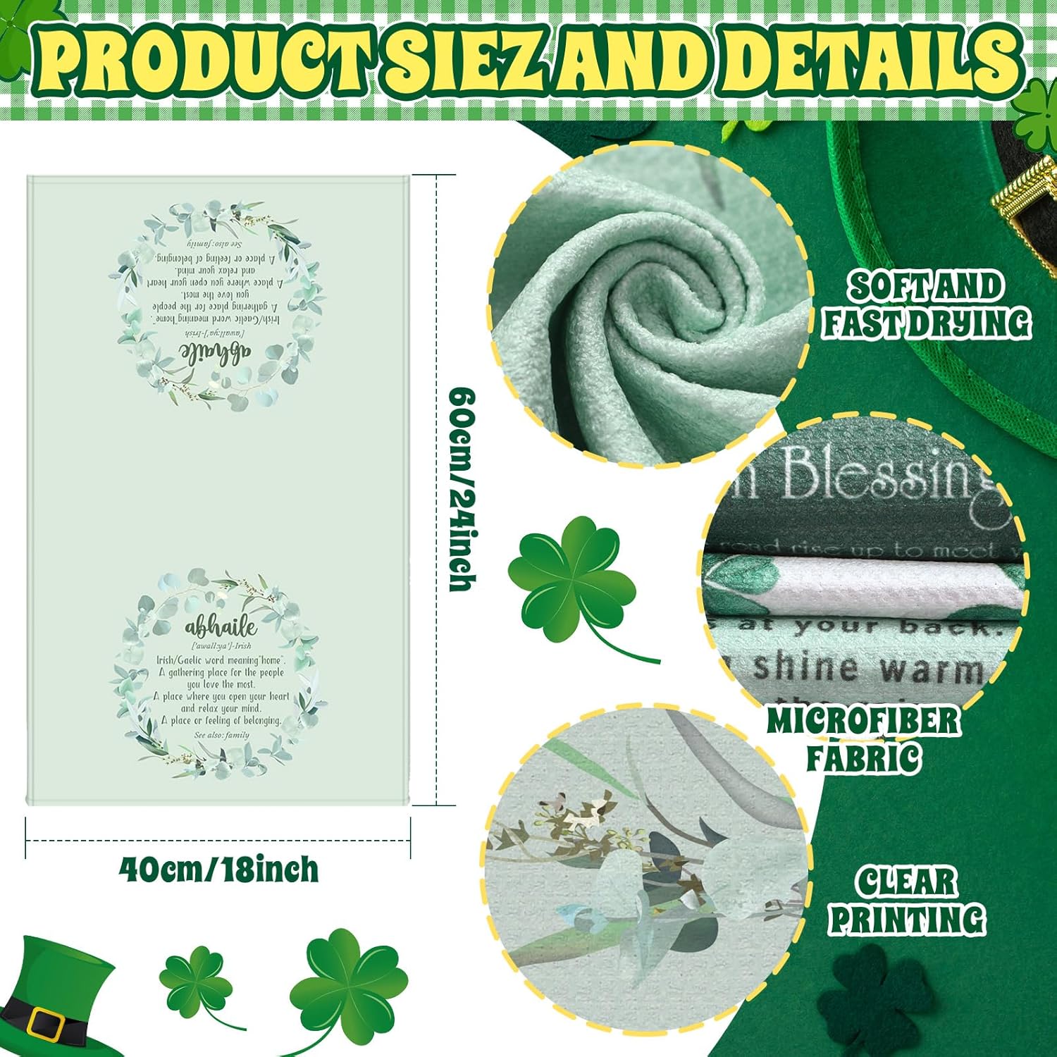 Peryiter 6 Pcs Irish Blessing Kitchen Towels St. Patrick's Day Gift for Women Ireland Blessing Dishtowels Ireland Waffle Weave Kitchen Decor Lucky Clover Towels for Bathroom Decoration 16x24 Inches - Image 3