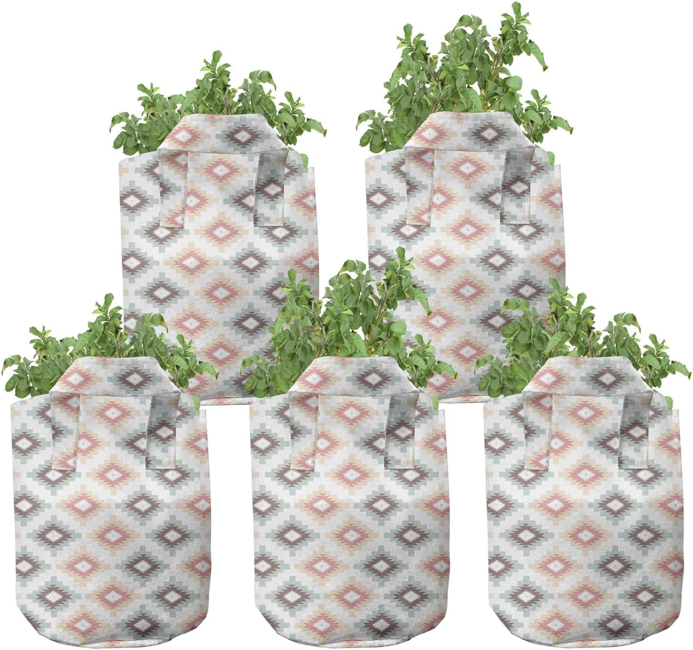 Lunarable Tribal Grow Bags 5-Pack, Pastel Geometrical, Heavyduty Fabric Pots with Handles for Plants, 7 Gallon, Multicolor