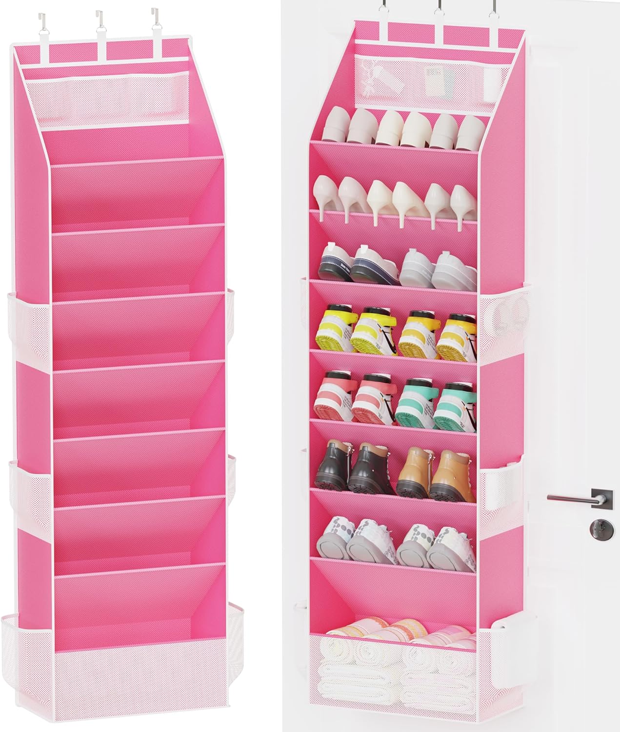 Criusia Shoe Storage, Over the Door Shoe Organizer, Hanging Closet Shoe Storage with Large Deep Pockets, Fits 1624 Pairs of Sneakers, Sandals, Boots, Pink