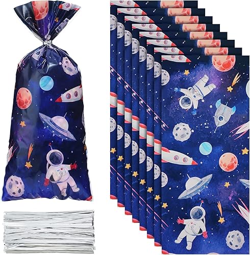 Yexiya 120 bolsas de celofán para el espacio exterior, bolsas de plástico de regalo de galaxia planeta, regalos de fiesta de astronautas para