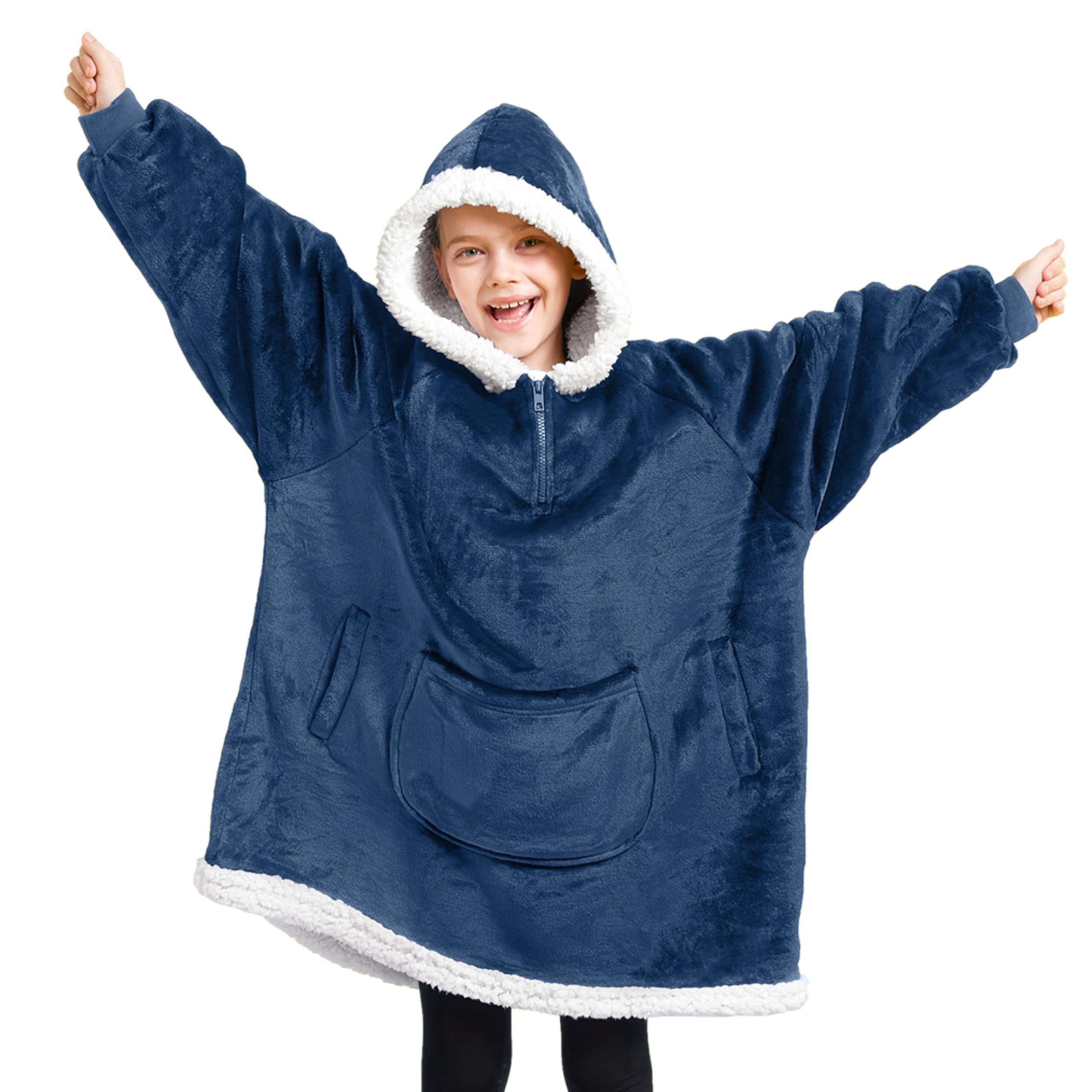 Giggling Getup Wearable Blanket Hoodie for Girls and Boys Sherpa Fleece Hooded Blanket Sweatshirt Warm Cozy Sherpa Wearable Throw Oversized Hoodie with Giant Pocket & Sleeves for Kids Navy