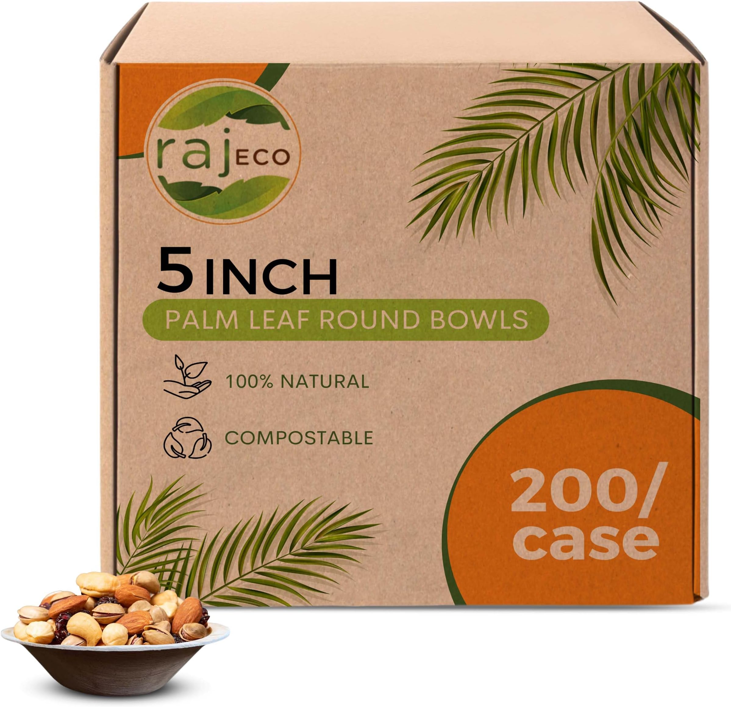Raj Disposable Palm Leaf Bowls (200 Count, 5" Bowls) Strong Bowl Like Bamboo Party Bowl - Decorative Compostable Tableware for Lunch, Dinner, Birthday, Outdoor, BBQ, Picnic, Parties