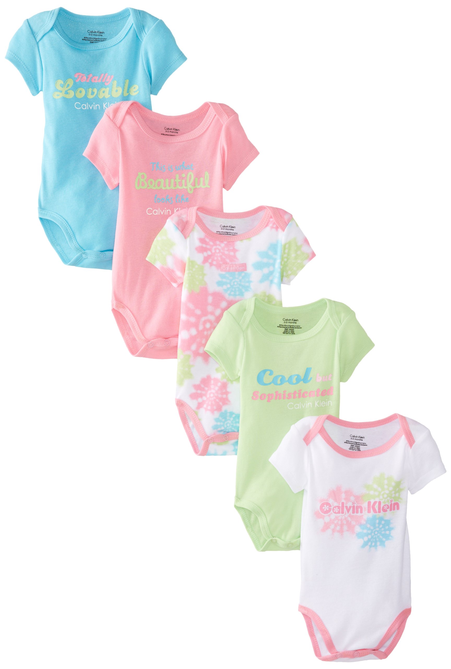 Calvin Klein Baby-Girls Newborn 5 Pack Bodysuits Green Blue Pink Group