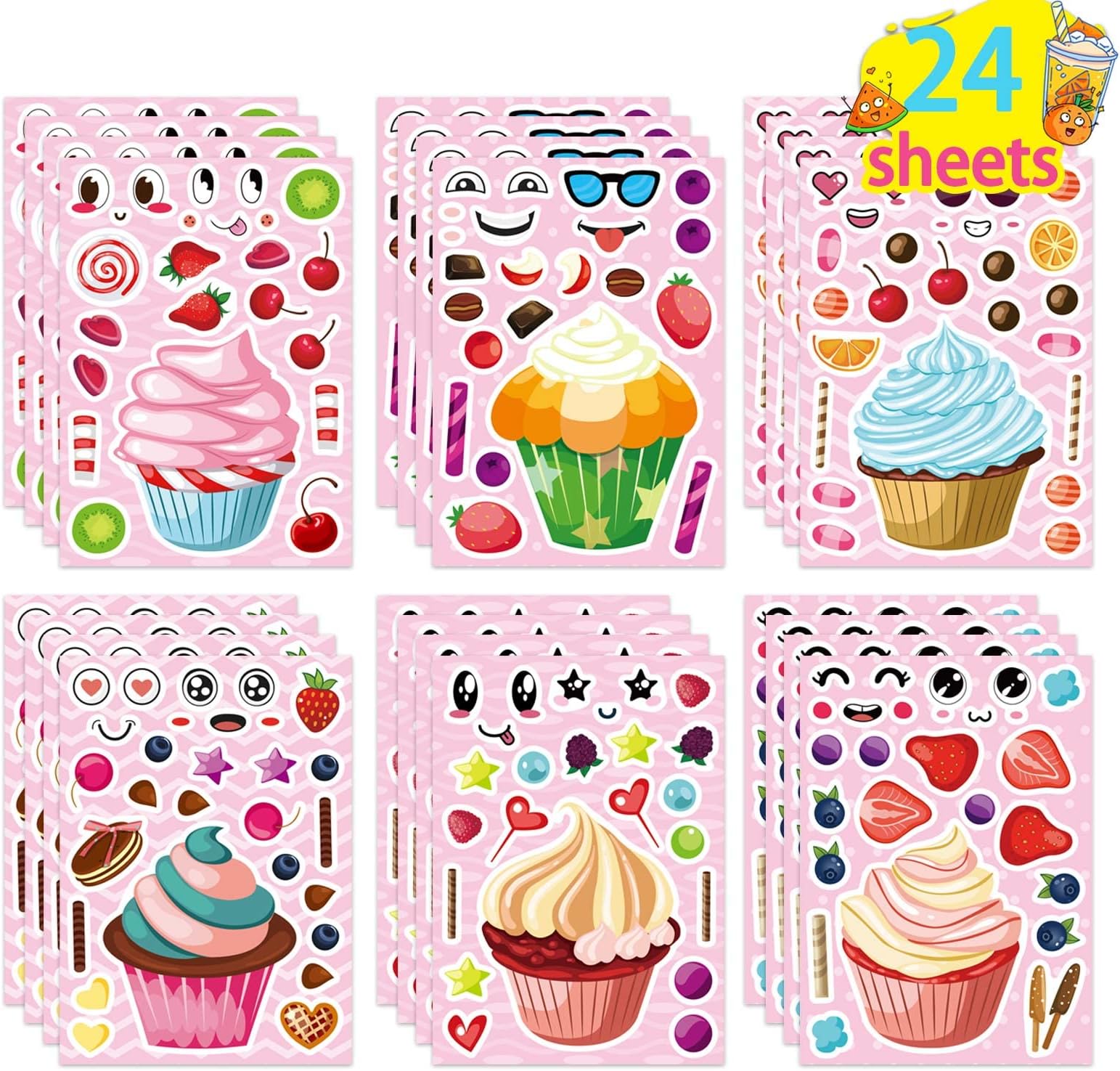 24 Sheets Make-a-face Cupcake Stickers Make Your Own Dessert Stickers Mix and Match Sweets and Fruit Treats Party Favor Supplies for Kids Ice Cream Sticker Games Birthday DIY Art Crafts