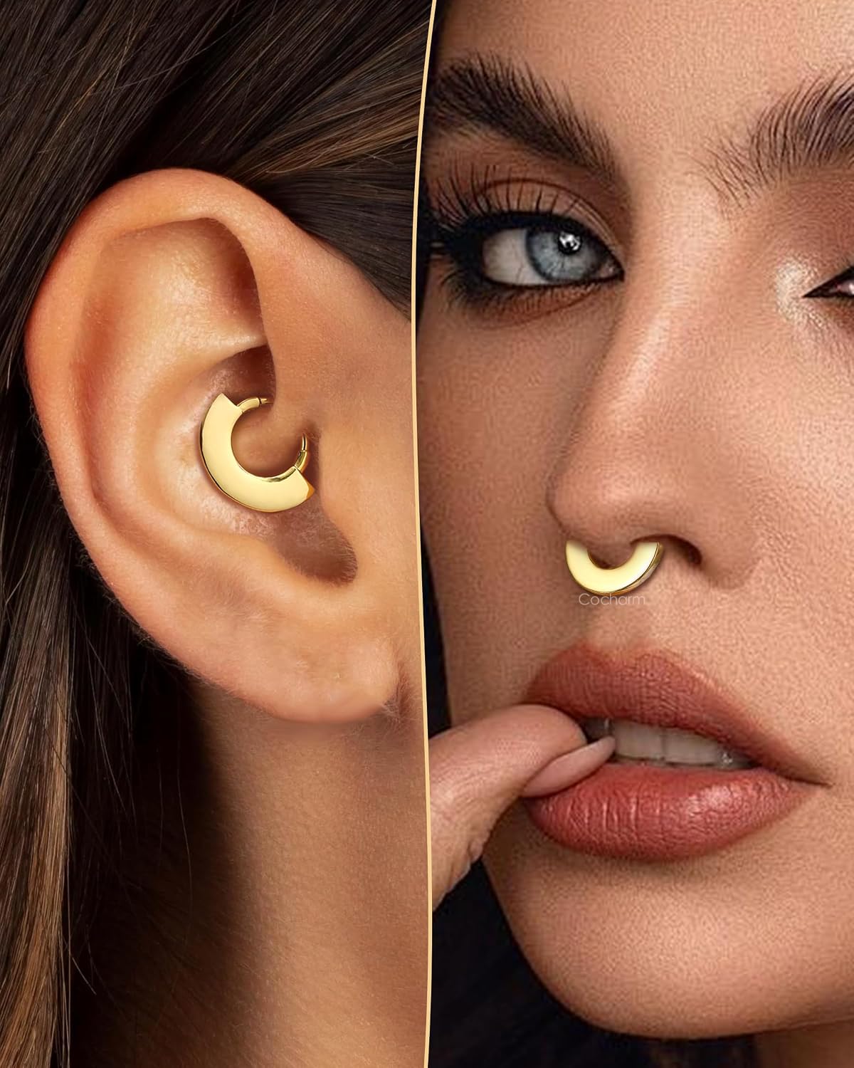 COCHARM Septum Ring Gold 16g Heart Septum Piercing Jewelry Clear CZ Daith Earrings Stainless Steel Daith Piercing Jewelry for Women Men