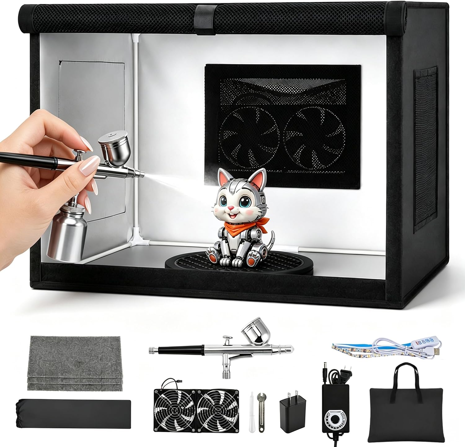 Airbrush Spray Booth with 0.3mm Airbrush Gun, Dual Exhaust Fans, Portable Paint Booth with Adjustable LED Lights & 360°Turntable, Hobby Spray Booth Kit for Model Painting, Miniatures, Crafts