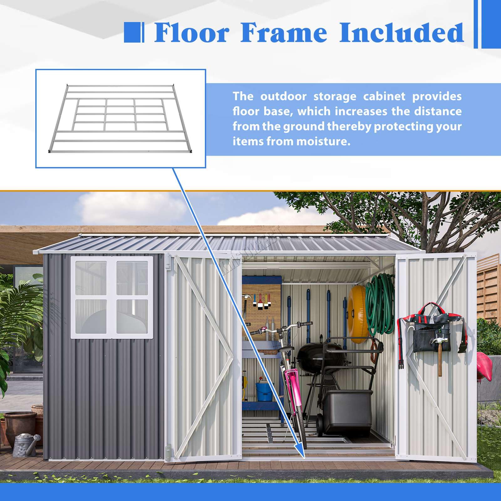 BIRCHTREE Garden Shed Steel Apex Roof House Outdoor Backyard Storage With Lockable Double Doors Window Free Foundation Tool Equipment Organizer Air Vents 10x10FT Grey — view 2
