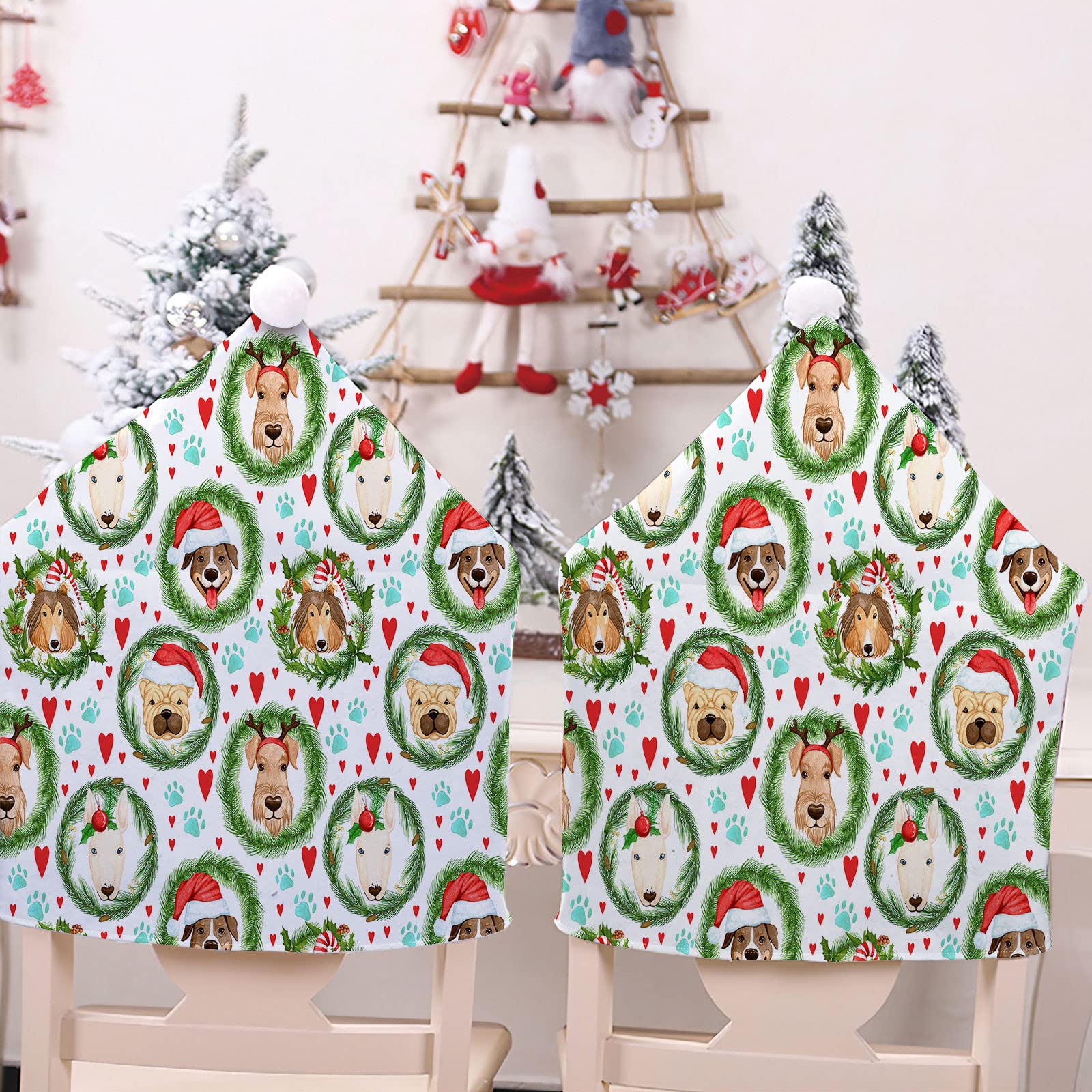 Chickwin Christmas Chair Covers 2/4/6/8 Pcs Red Christmas Seat Covers Christmas Chair Back Covers Christmas Decorations Dining Chair for Indoor Dining Room Kitchen Party (Cute dog,6Pcs)