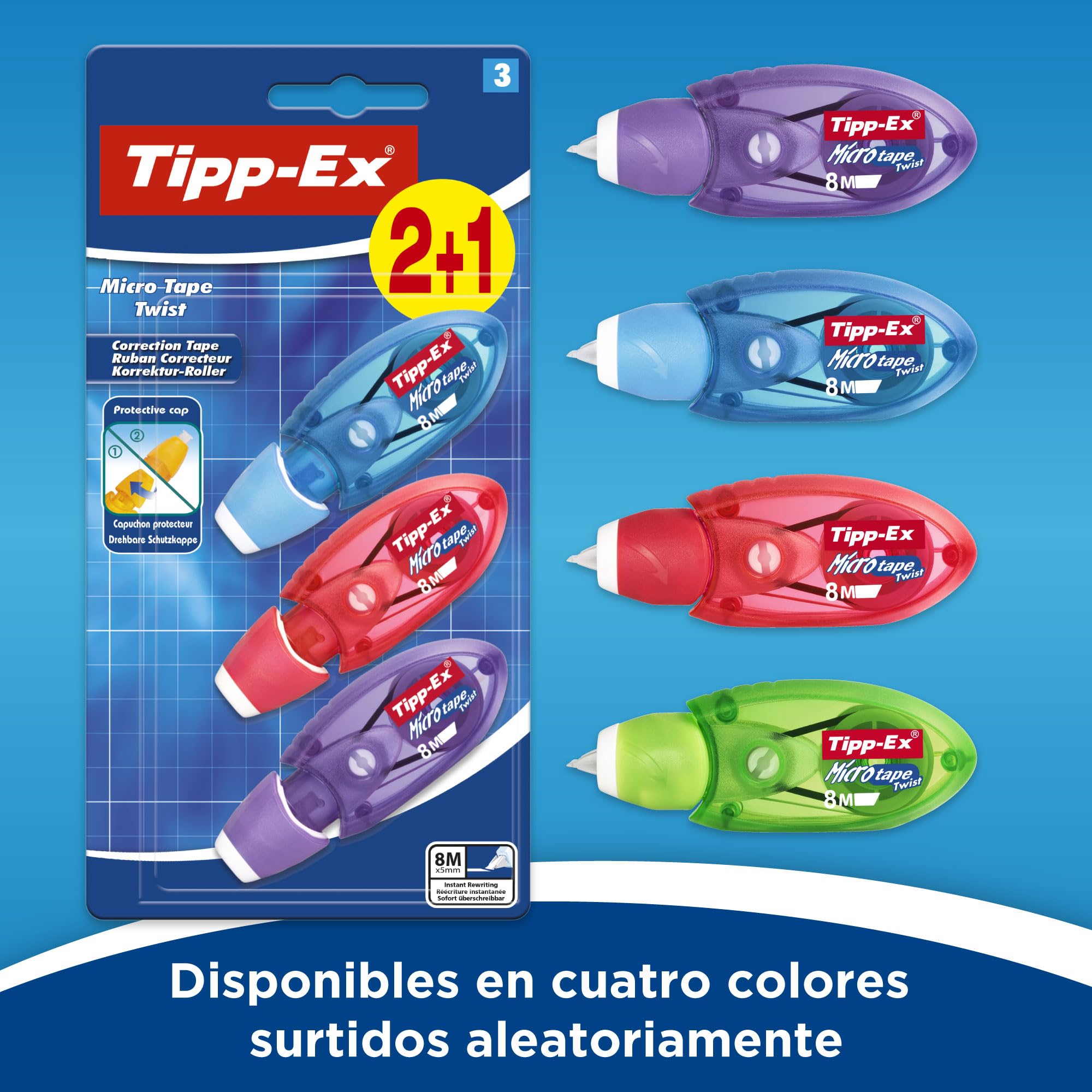 BIC Tipp-Ex Cinta Correctora de Bolígrafos, Óptimo para Material Escolar, Micro Tape Twist, 8m x 5mm, Con Cabezal Rotativo, Blíster de 3, Multicolor — view 2