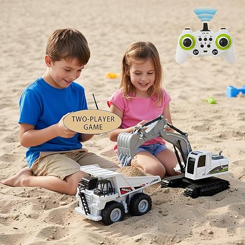 Miniatura 2 de Juego de vehículos de construcción de control remoto 2 en 1: excavadora RC y camión volquete con piezas de aleación, luces realistas y efectos de