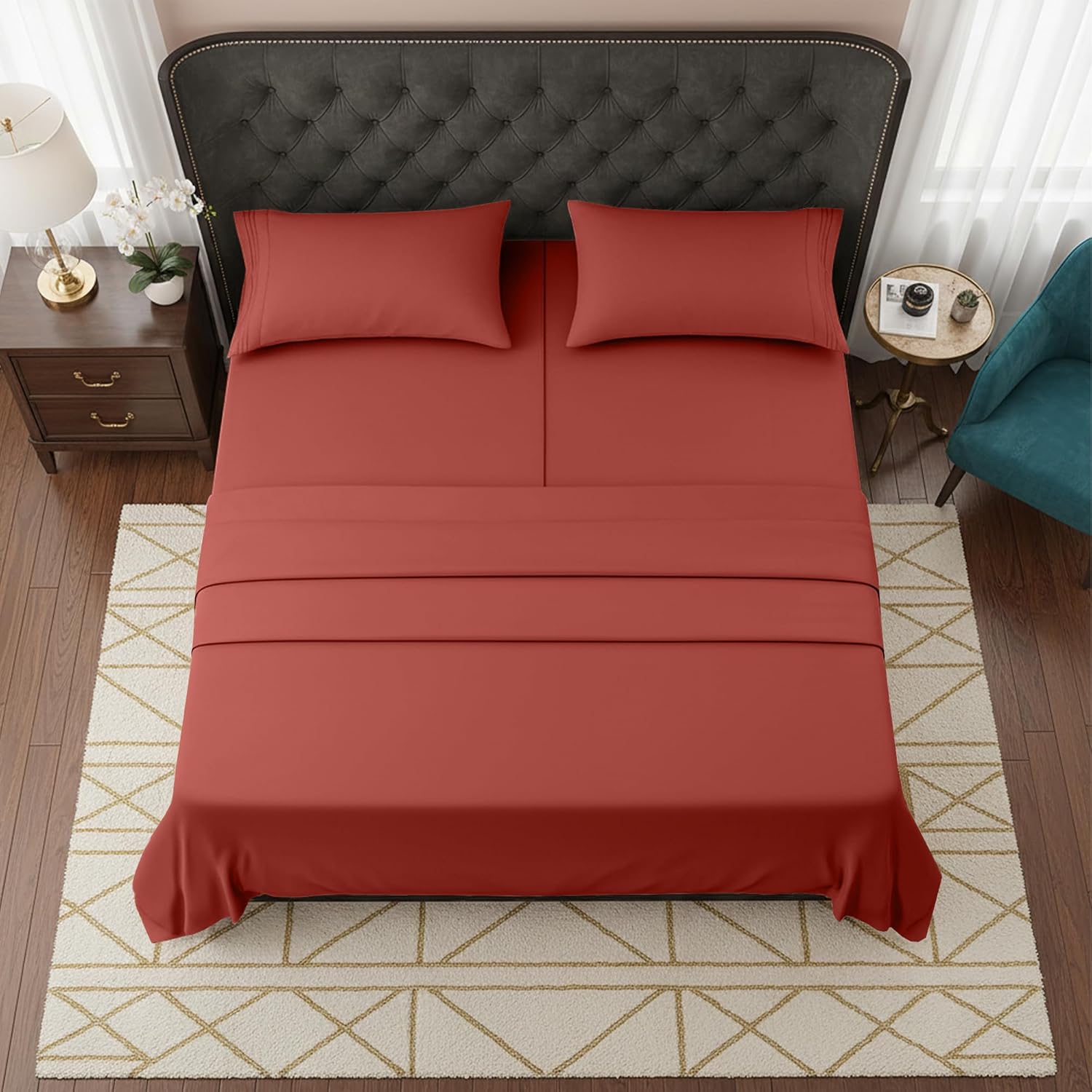 Elegant Comfort Luxurious 1500 Premium Hotel Quality Microfiber Three Line Embroidered Softest 5-Piece Bed Sheet Set, Wrinkle and Fade Resistant, Split King, Rust