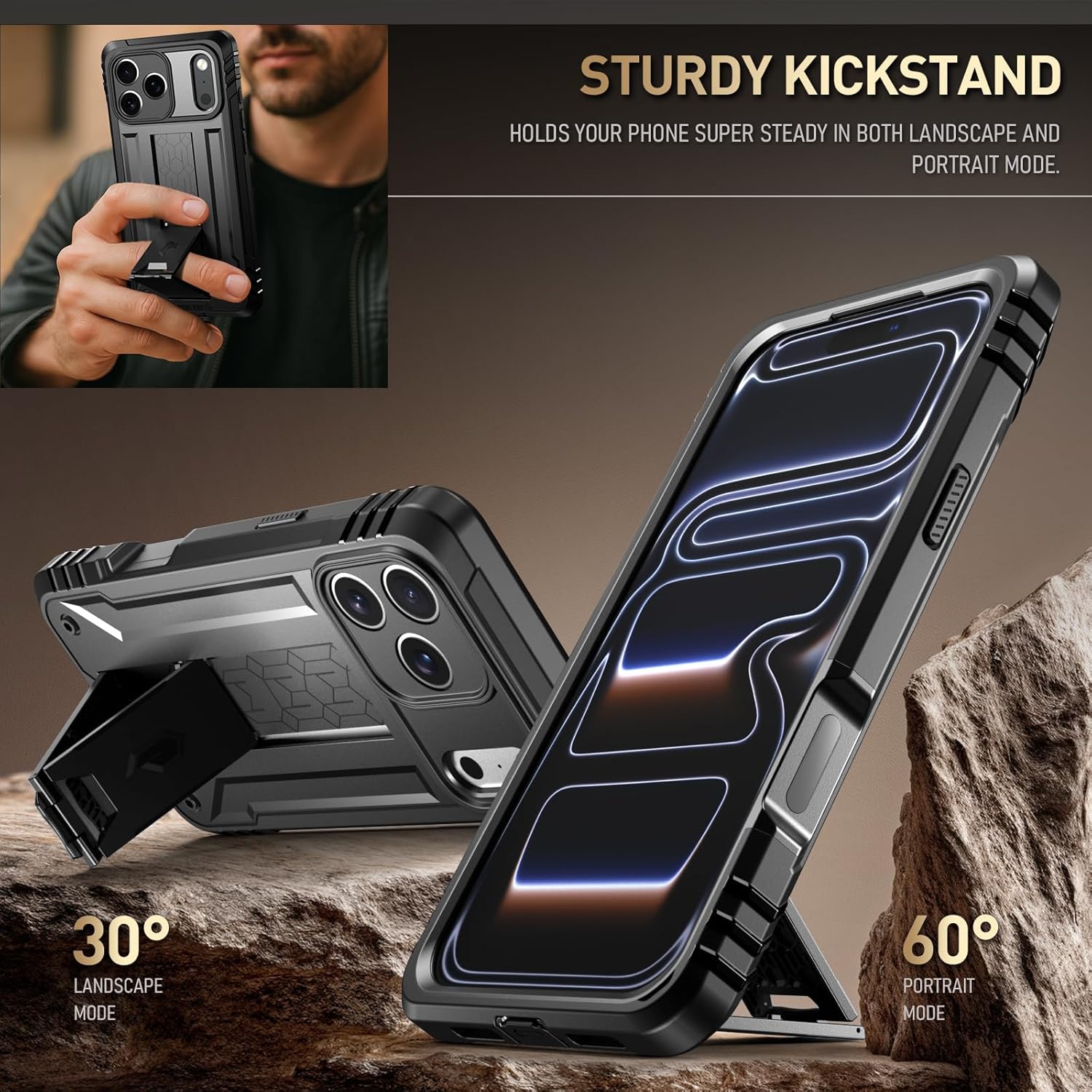 Poetic for iPhone 17 Pro Max Case with Camera Control Capture Button, [Built-in Stand] [Built-in Screen Protector] Full-Body Military Grade Rugged Phone Case for iPhone 17 Pro Max, Black