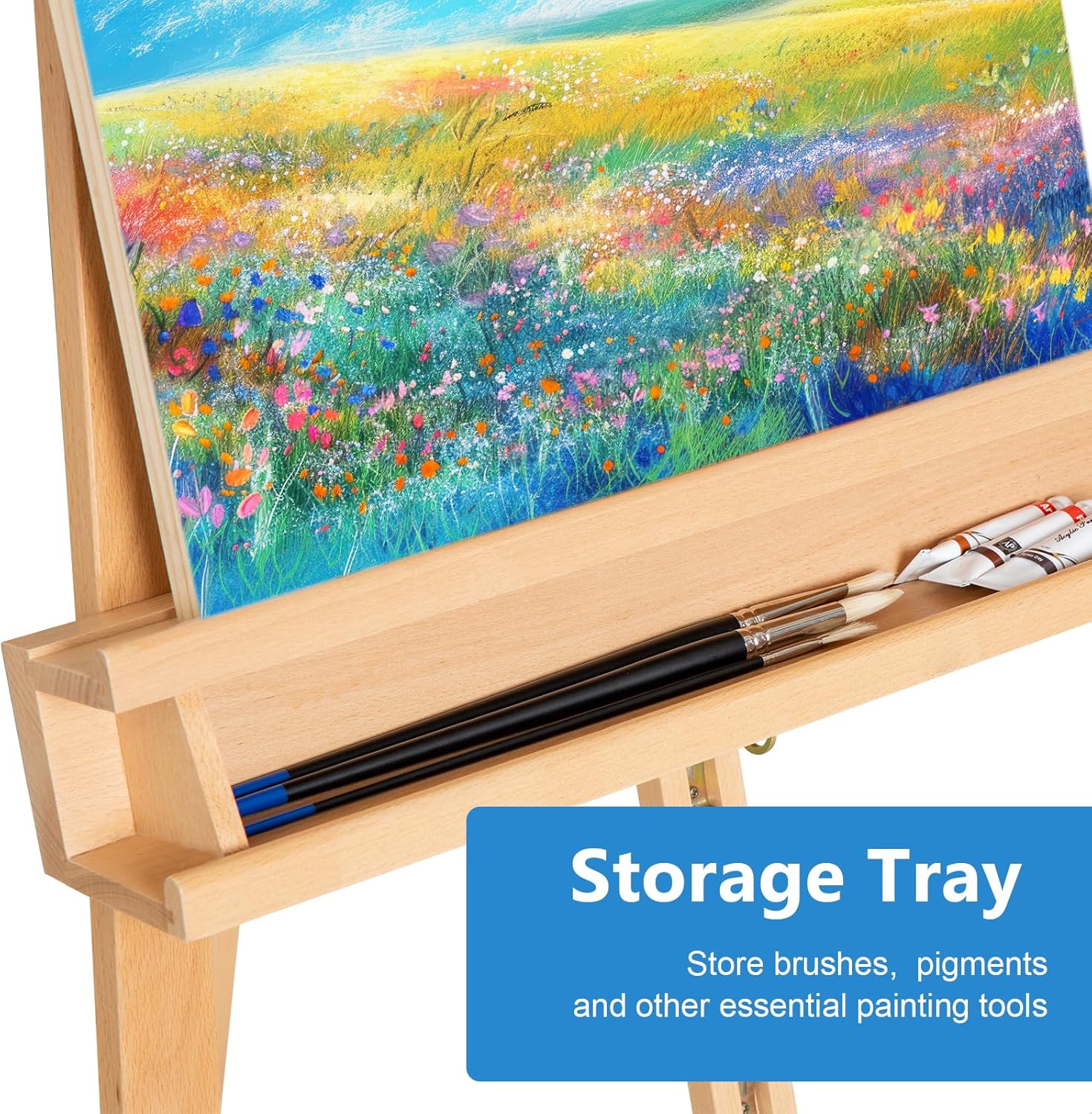 Falling in Art Large A-Frame Solid Beechwood Studio Easel, Adjustable Artist Easel with Storage Drawer, Studio Easel Stand Holds Canvas Up to 48 Inches, Natural
