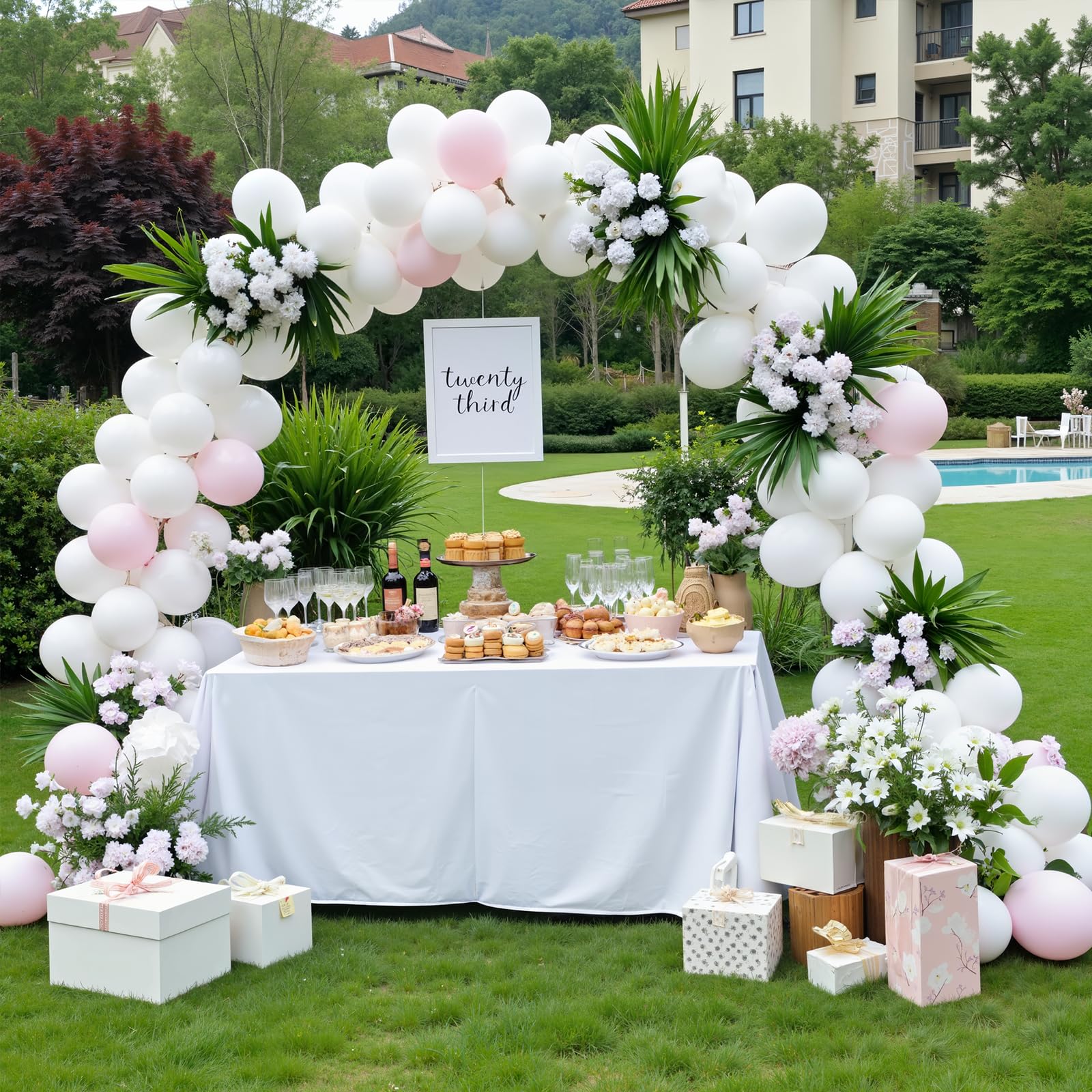 PlusFive Kit per arco per palloncini, altezza 20.5 m e larghezza 10.5 m, set di supporto regolabile con base riempibile ad acqua, per decorazioni per matrimoni, feste di compleanno