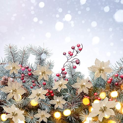 Miniatura 51 de 36 piezas de 3 tamaños de flores artificiales de Navidad con purpurina de Navidad para decoración de árbol de Navidad, Año Nuevo, decoración