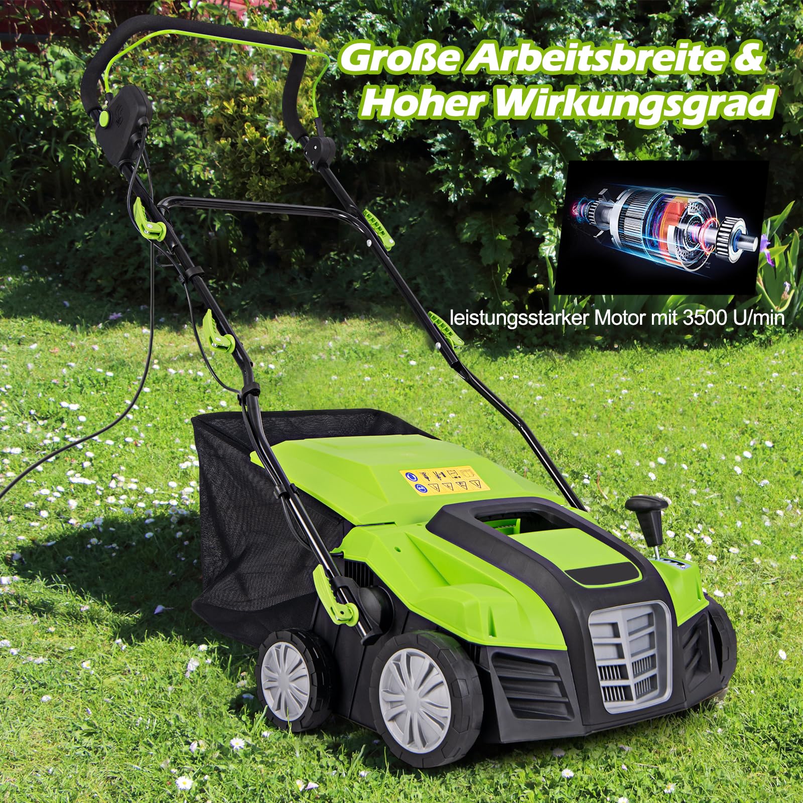 RELAX4LIFE Elektro Vertikutierer Rasenlüfter, 2000W|42cm Arbeitsbreite|5 Stufen Arbeitstiefe|55L Fangkorb|3 Stufen Höhe, Rasenvertikutierer mit Messerwalze & Lüfterwalze, für Rasenpflege (Grün)