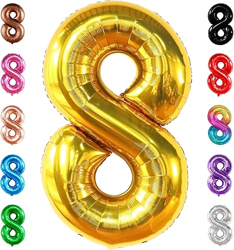 KatchOn, Globo dorado gigante del número 8 de 40 pulgadas, globo dorado del número 8 para decoraciones de cumpleaños de 8 años para niñas,