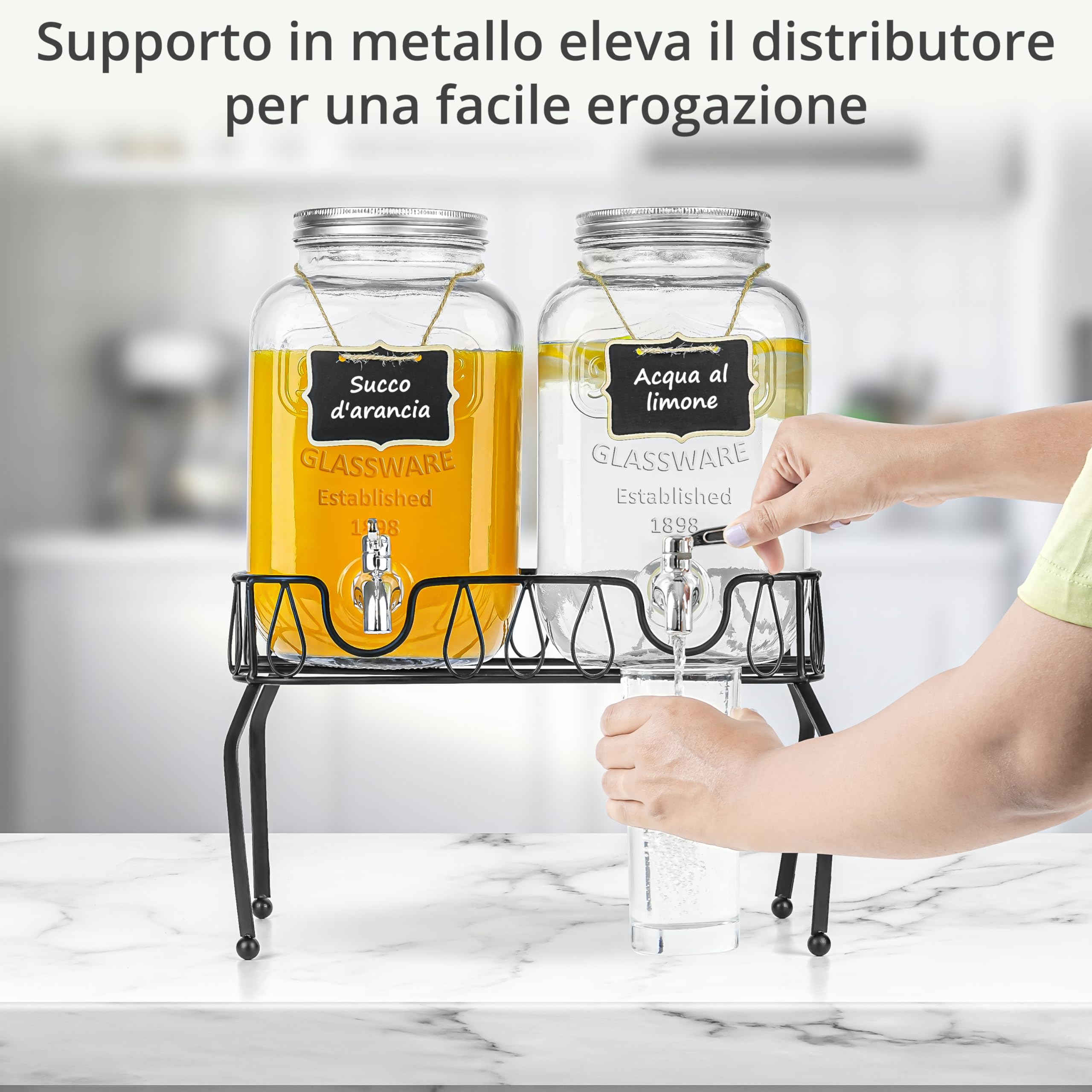 Winter Shore Distributore Bevande in Vetro da 3,8L con Supporto [Set da 2] - Dispenser Bevande in Materiali Alimentari e Senza BPA per Succo, Tè - 2 Dispenser con Rubinetto e 2 Etichette in Legno