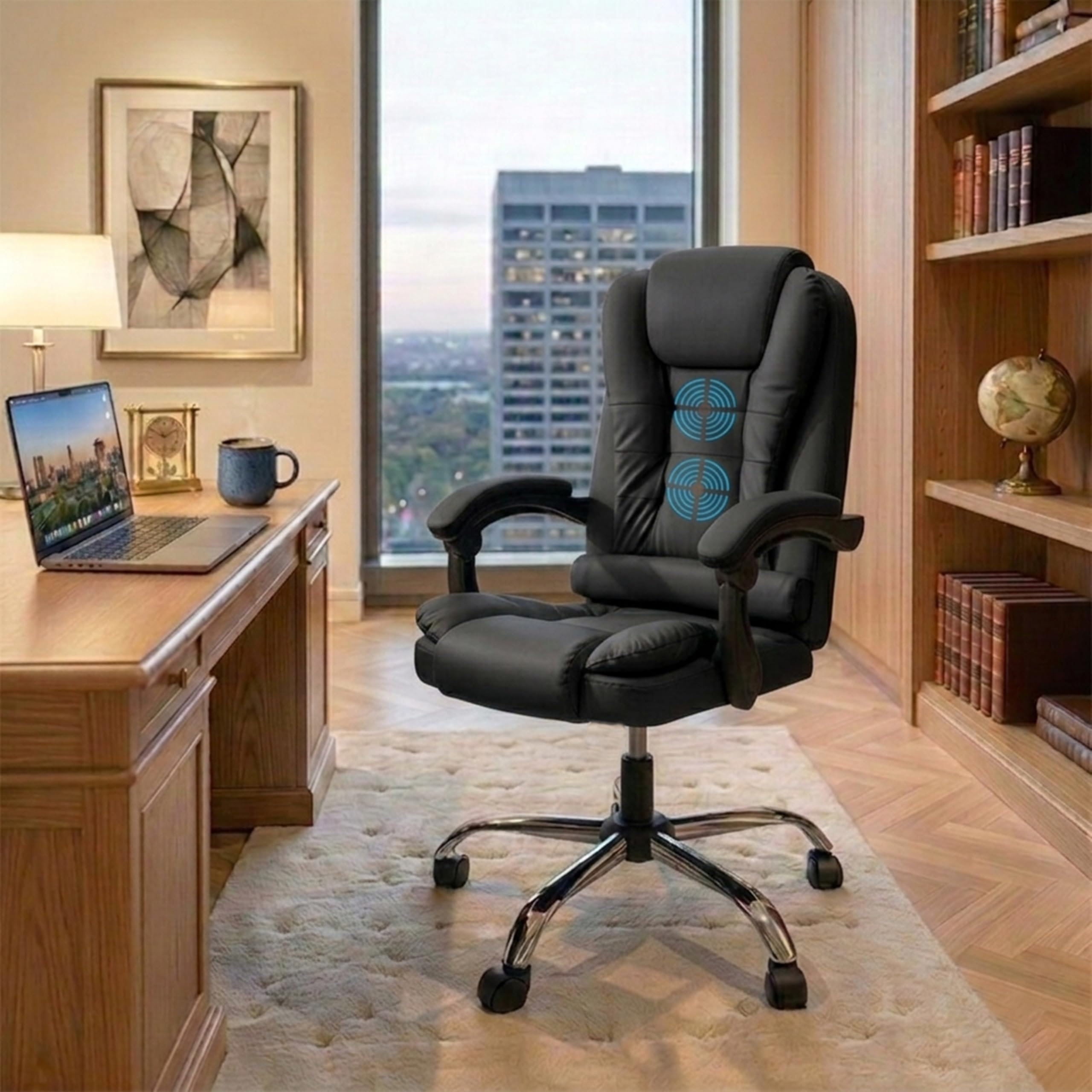 Casa Copenhagen Italia Premium Leatherette Office Chair for Work | Boss Chair, Ergonomic Executive, Luxurious Cushioned Arms & Seat, 2 Point Back Massager, Heavy Duty Metal Base (Black)