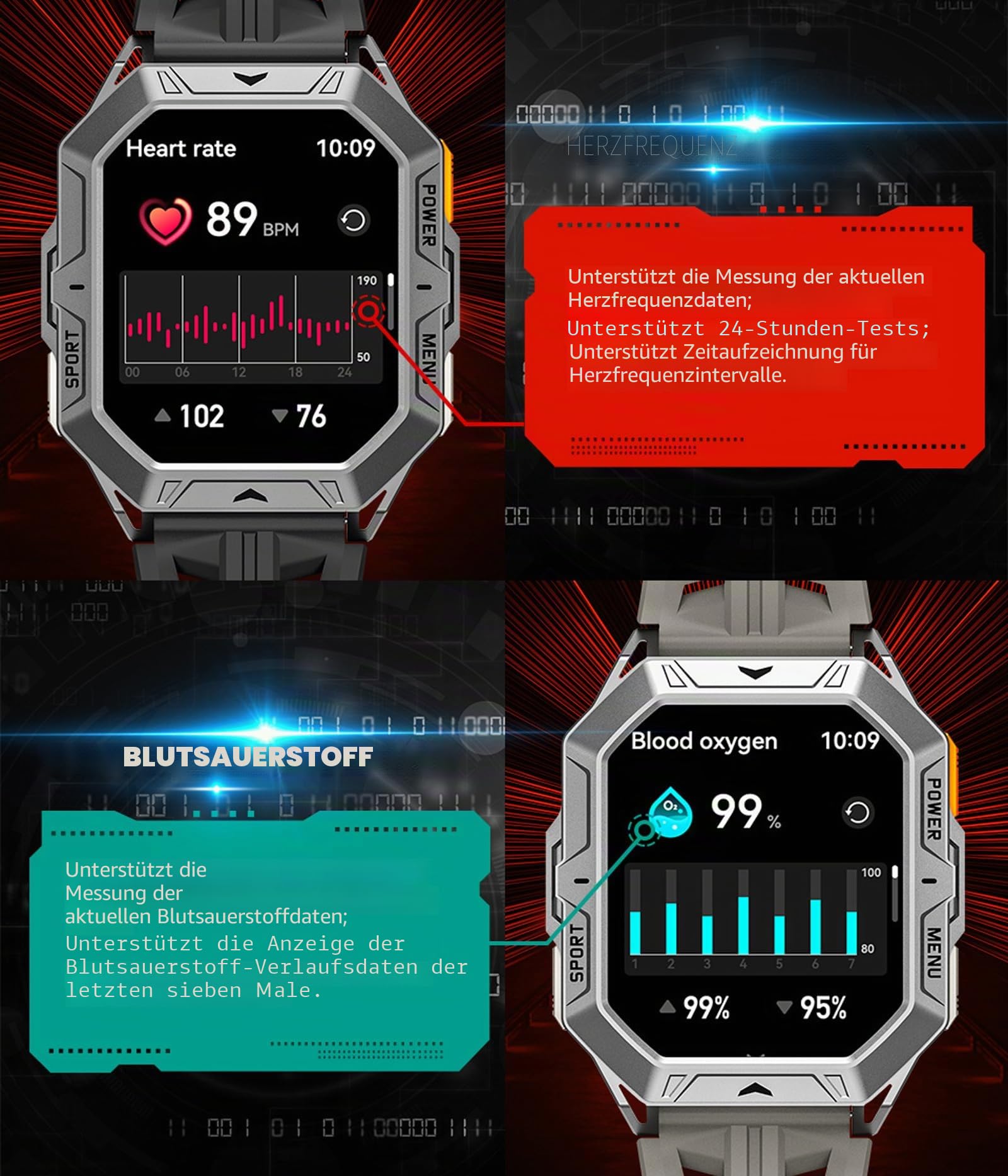 Smartwatch Herren Militär Uhr 100 Tage Akkulaufzeit Sportuhren Herren mit Kompass Höhenmesser Barometer IP68 Wasserdicht Fitnessuhr Pulsmesser Blutdruck 2,13" AMOLED Display Smart Watch Android iOS