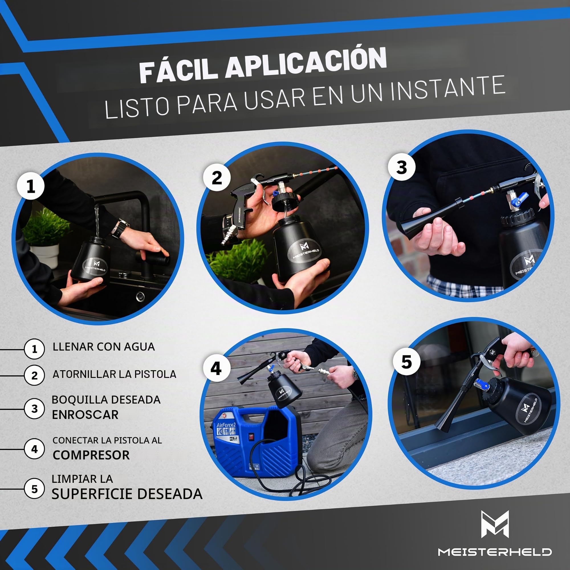 Pistola de limpieza de aire comprimido – Limpiador preciso en seco y húmedo para coche, alfombra y demás – Pistola de aire con depósito de agua, accesorio de cepillo y válvulas