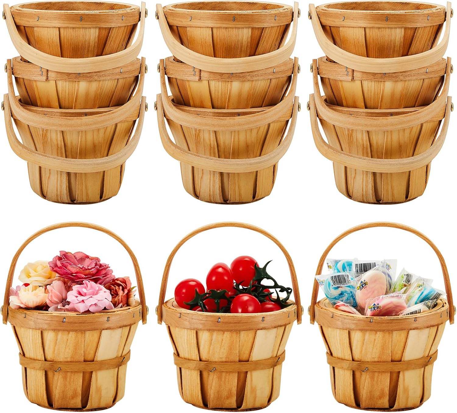 Marsui 10 Pcs Mini Wooden Apple Baskets Bulk for Gifts 4 x 5.1 Inch Farmers Market Berry Baskets with Handle for Fall Picnic Garden Picking Fruit Strawberry Flowers Crafts Home Wedding Party Decor brown 10