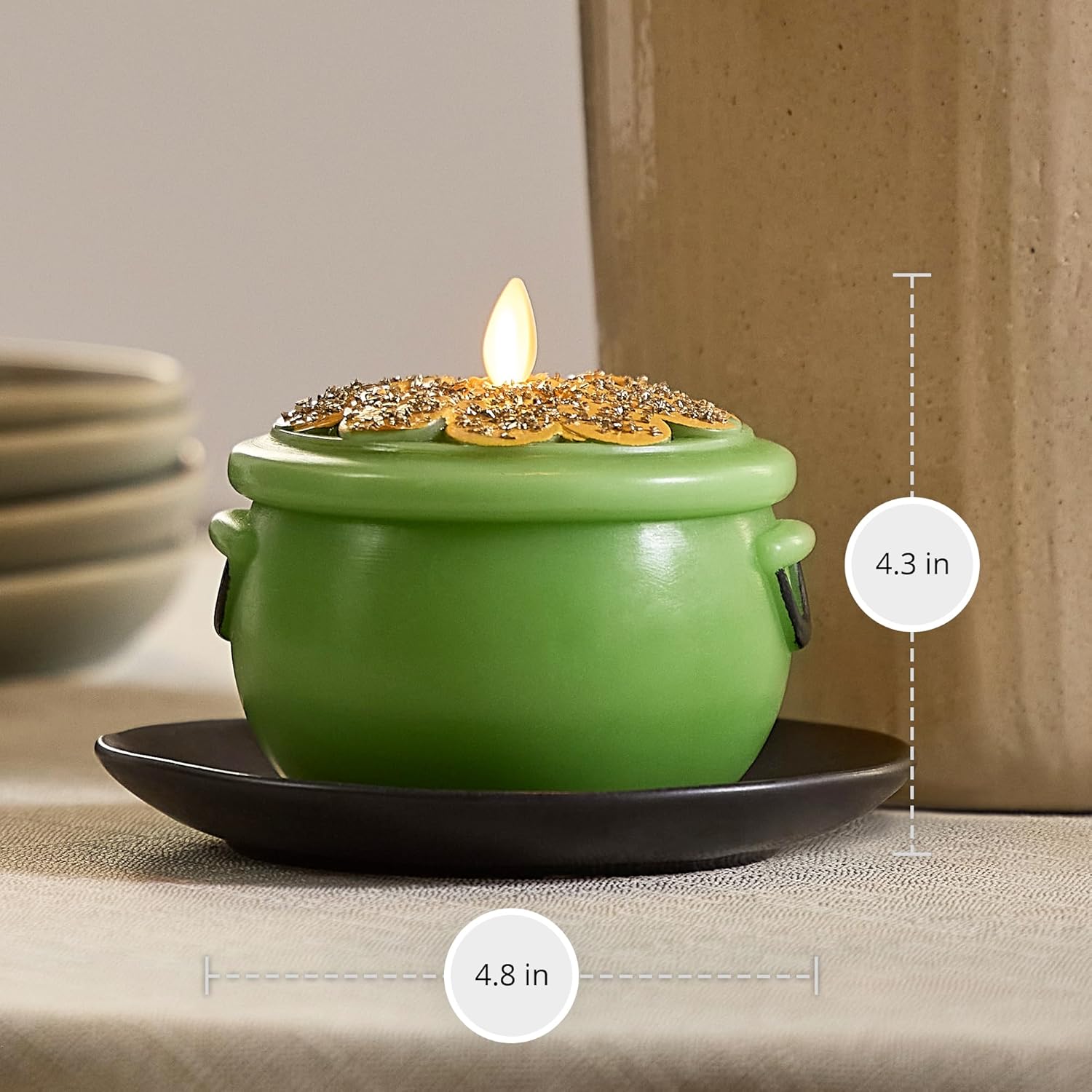 Luminara Lucky Green Pot of Gold Candle - Flickering Real-Flame Technology- Flameless LED- Remote Ready- Classic Green St. Patrick's Day- 4.8" x 4.3"
