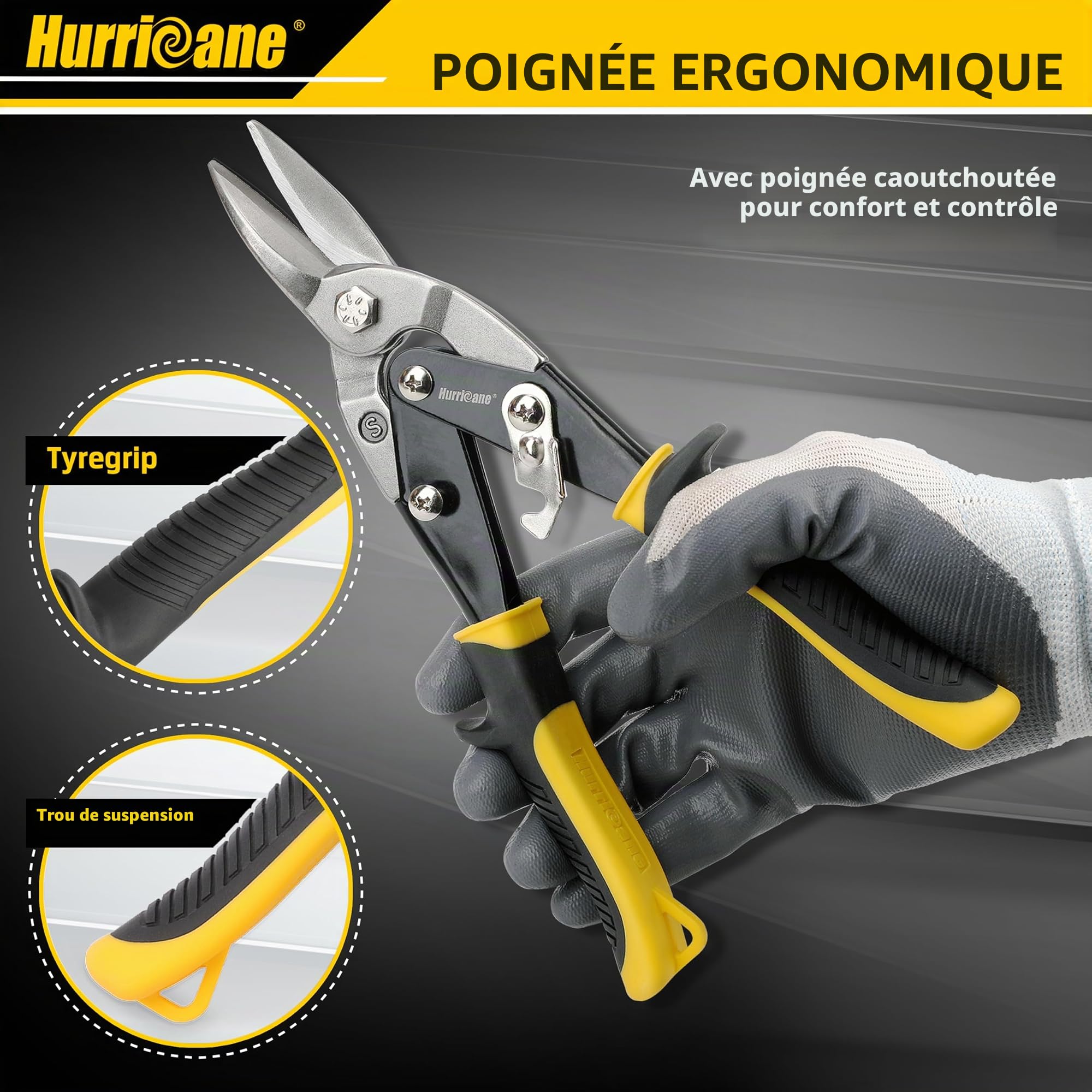 HURRICANE Lot de 3 Cisaille à métaux pour l'aviation, cisailles aviation Coupe, 254mm, acier au chrome vanadium, à droite, à gauche et droite