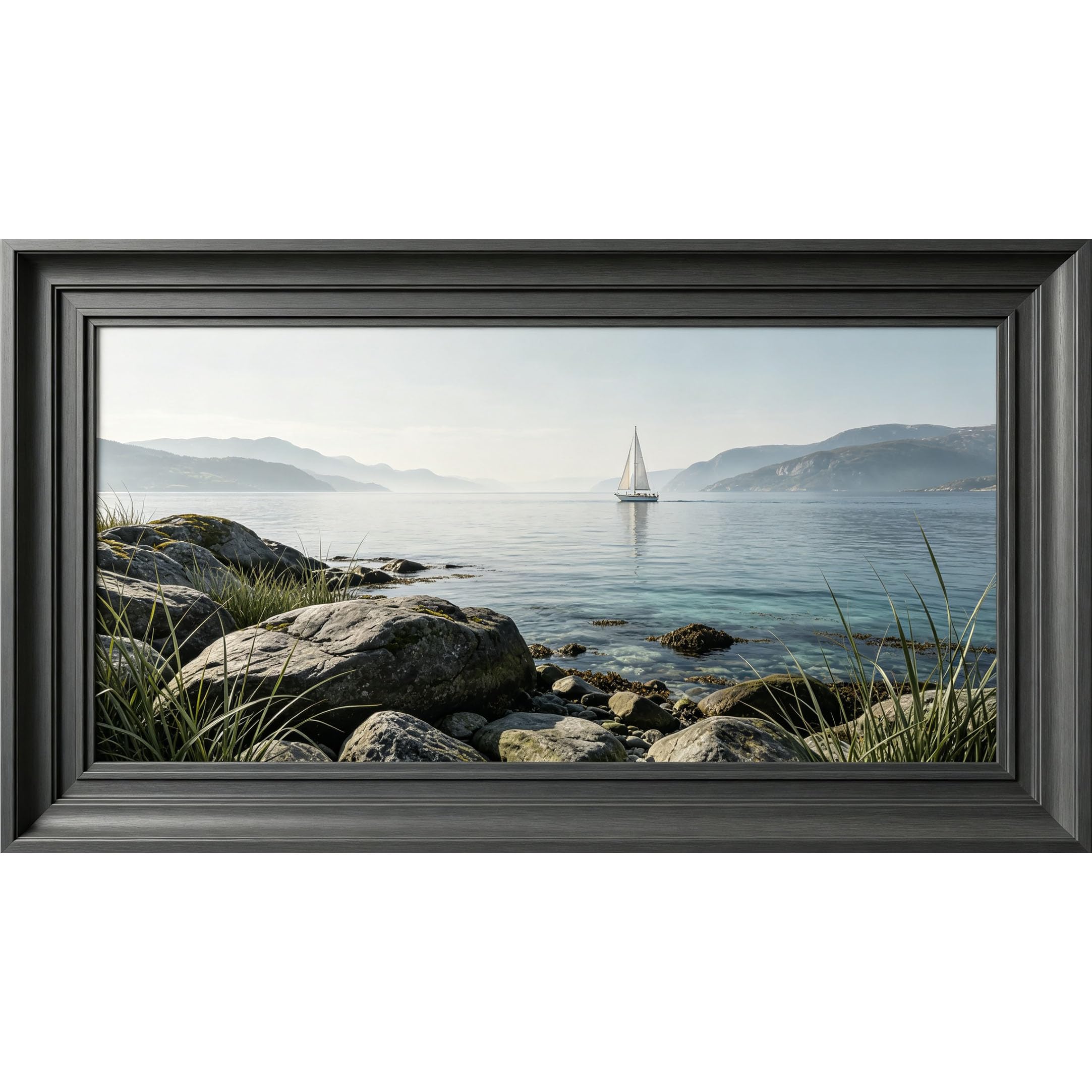 QZLITHOTIC 50×100cm 3D Framed Wall Art， Coastal Sailboat Seascape Ocean View SelfAdhesive Mural， WaterActivated Peel & Stick Fabric Decor Wall Decal for Bedroom Living Room
