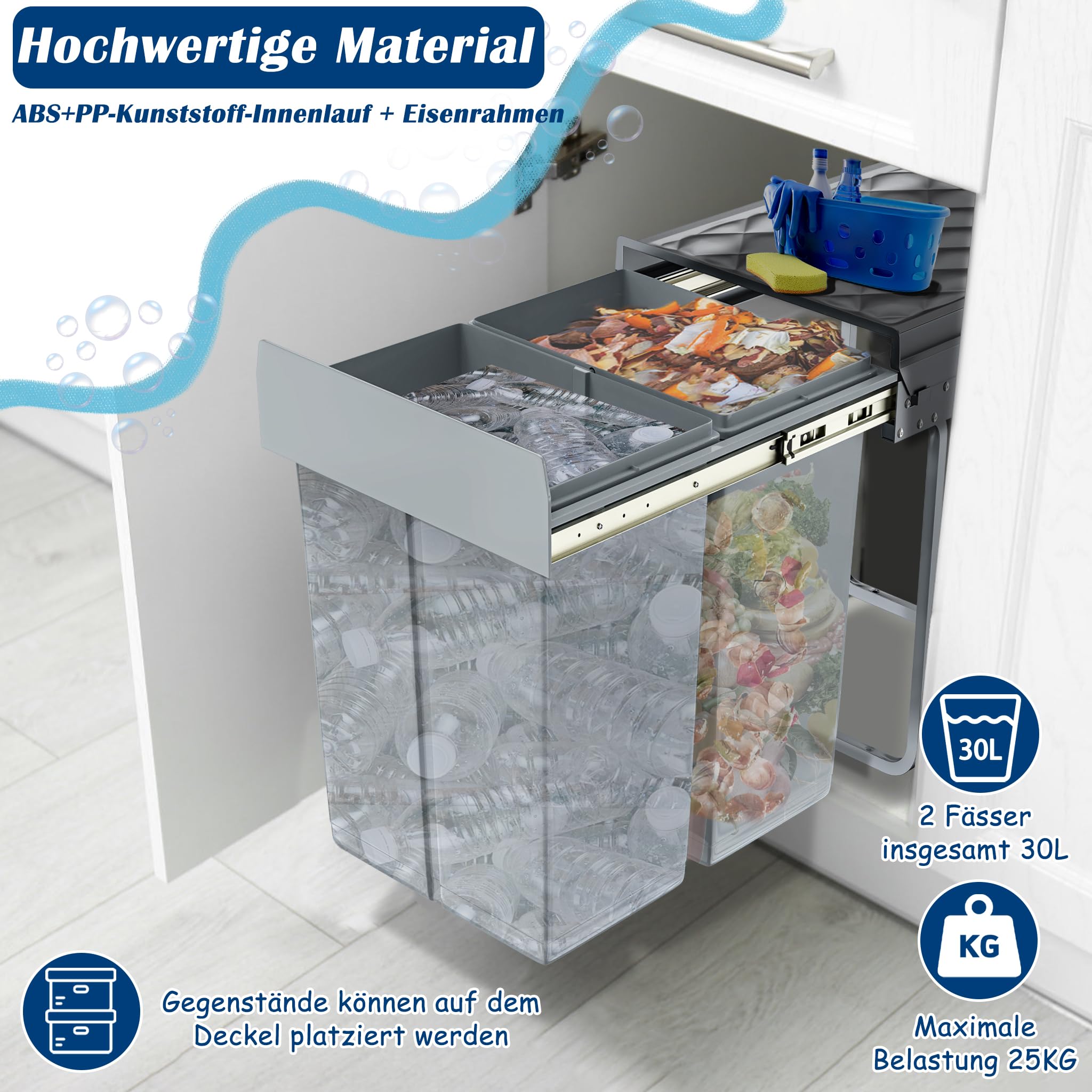 NAIZY Mülltrennsystem ausziehbar Mülleimer Küche 2-Fächer Abfalleimer einbau Unterschrank mit Teleskopschienen & Deckel Abfalleimer für Müllentsorgung (2x15L)