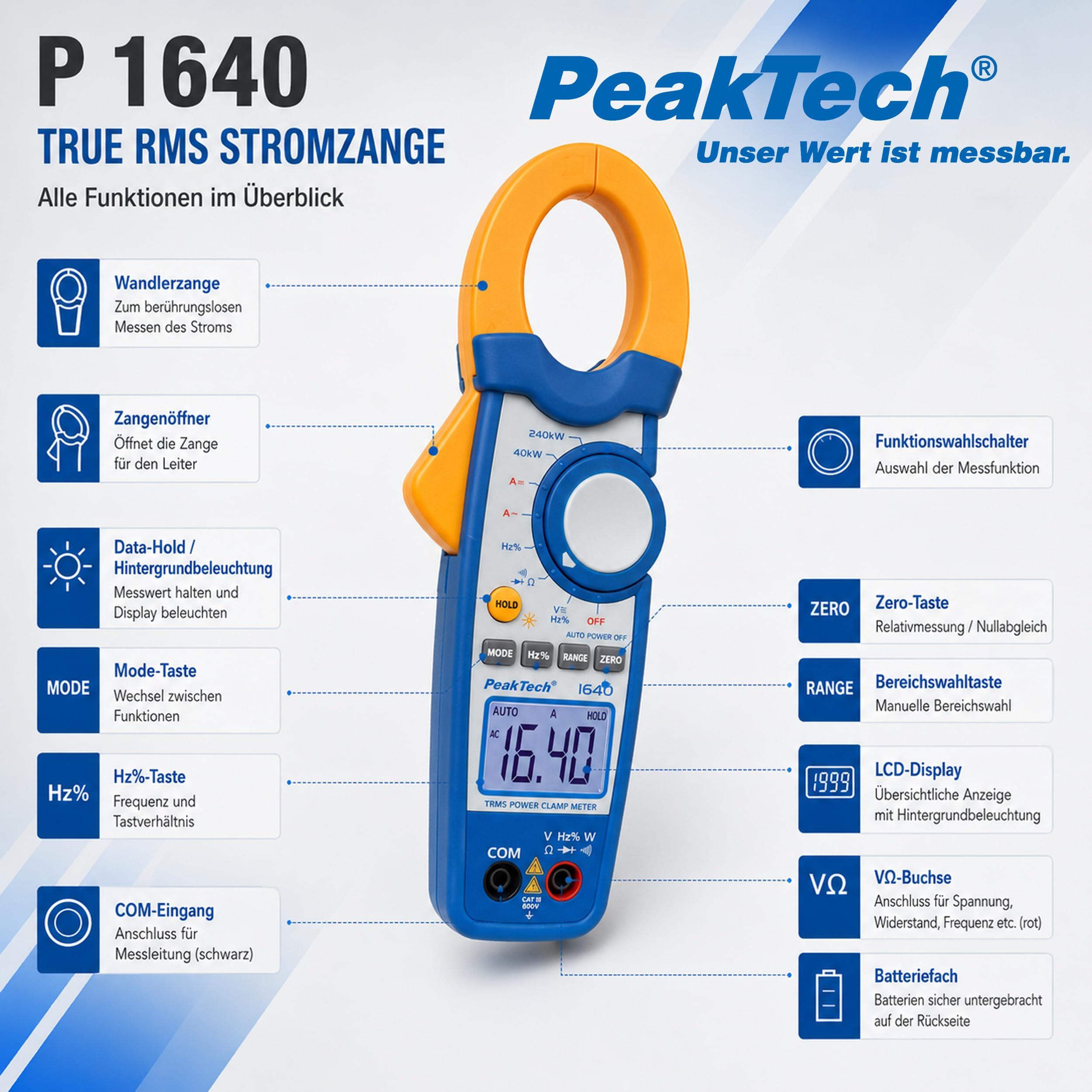 PeakTech P 1640 True RMS Stromzange 1000A AC DC und Digital Multimeter 4000 Counts mit Durchgangsprüfer - CAT III 600V, 1 Stück, Blau, Gelb, Weiß