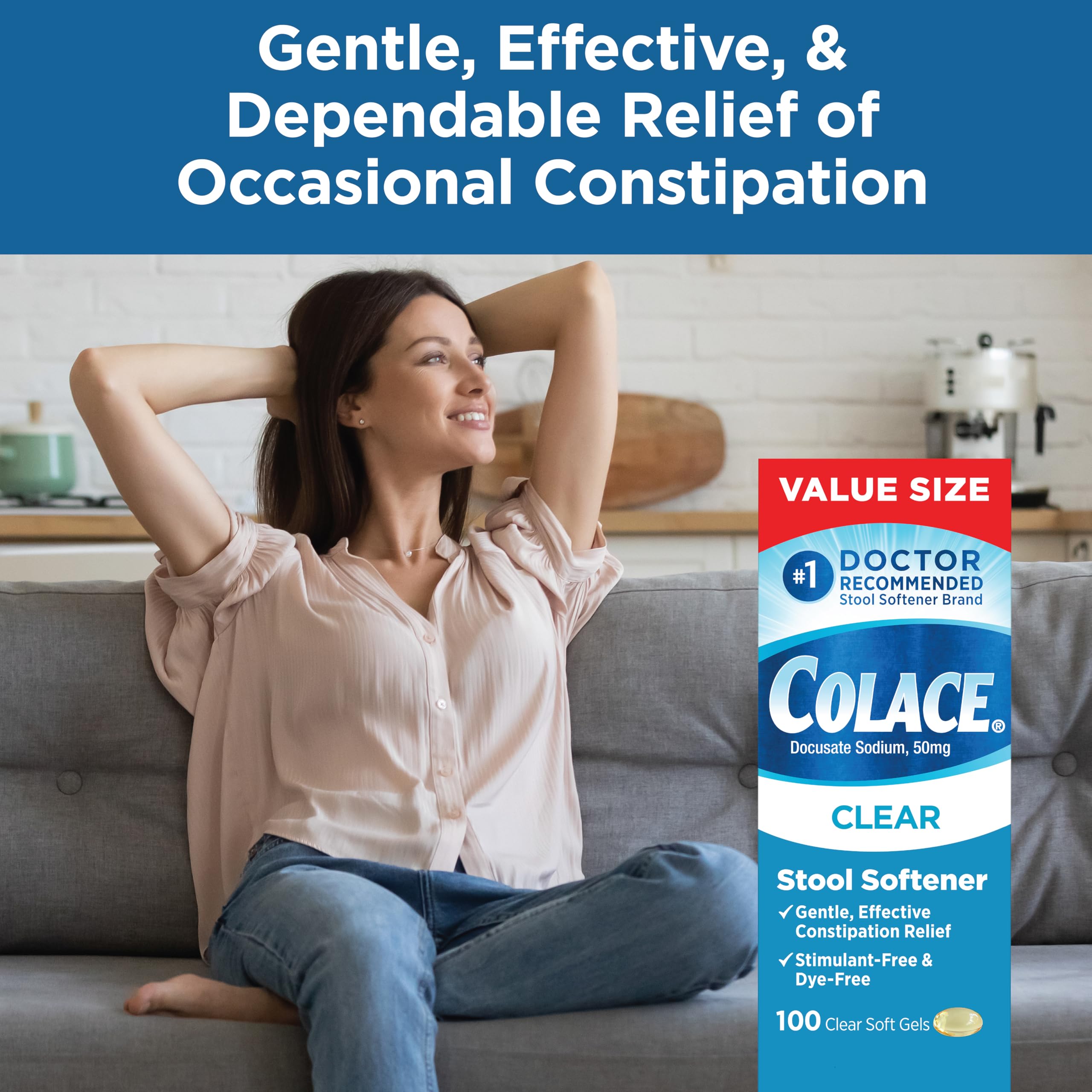 Colace Clear Stool Softener Soft Gel Capsules, Constipation Relief, 100 Ct view 3