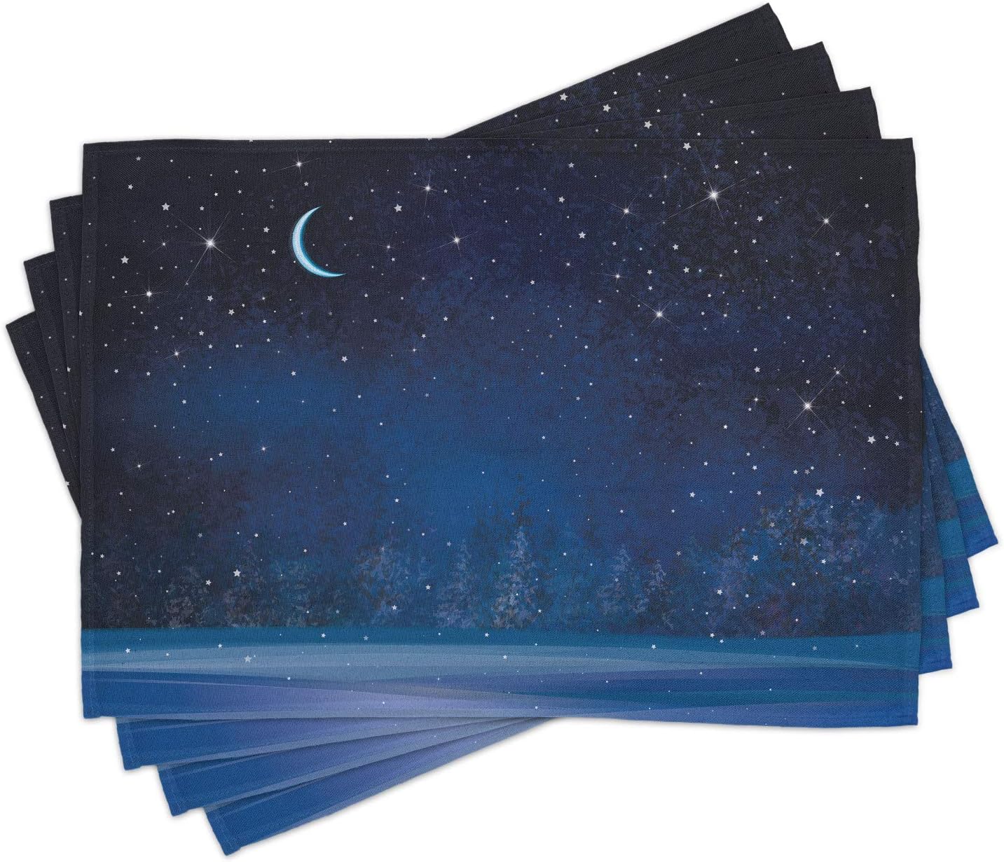 Ambesonne Night Place Mats Set of 4, Winter Wonderland at Night Snowy Woodland Forest Nature Scenery, Washable Fabric Placemats for Dining Room Kitchen Table Decor, Blue Indigo