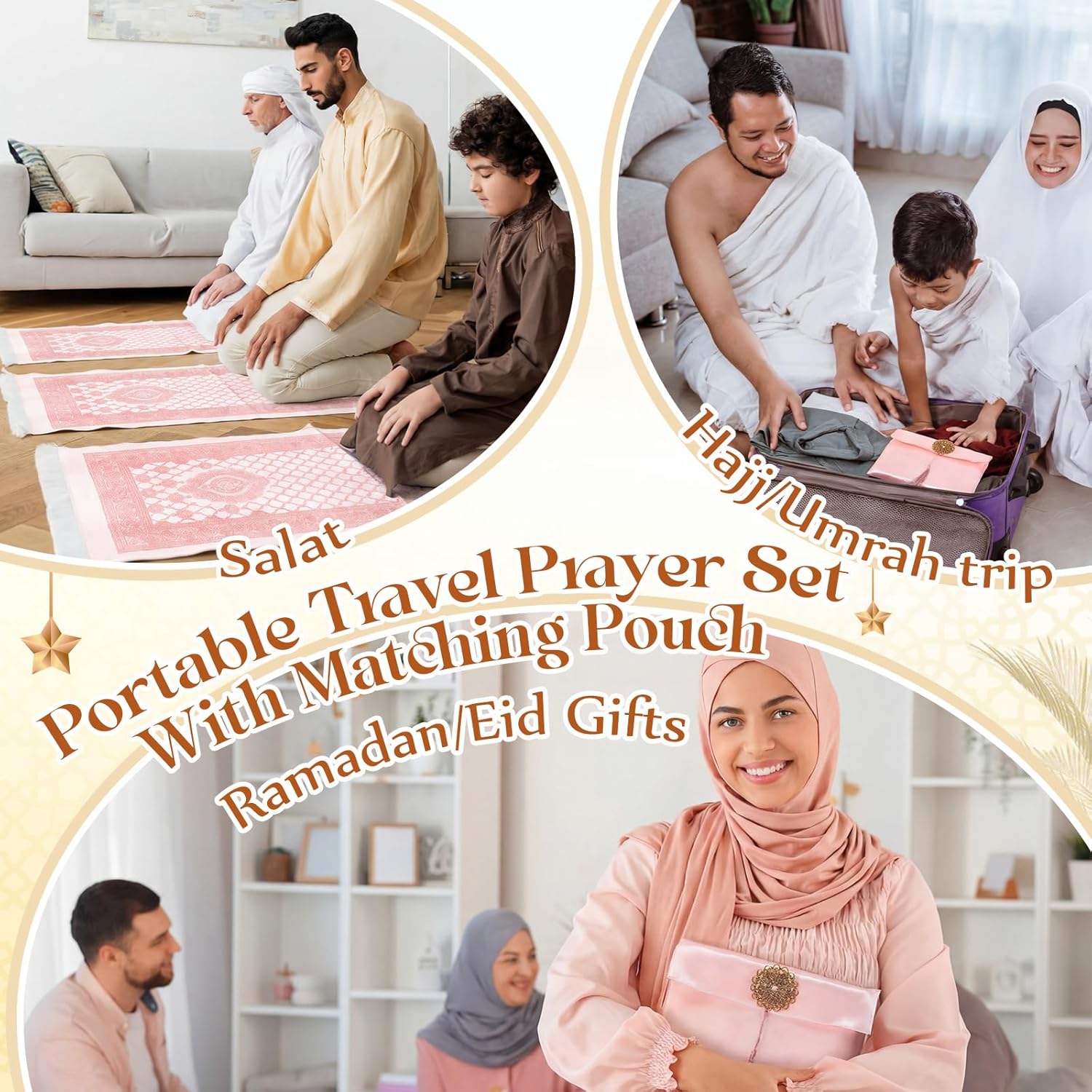 Dunzy 6 Sets Pink Muslim Prayer Mat Rug with Prayer Beads and Portable Bag Muslim Gift for Women Men, Tasbih, Janamaz, Mubarak Islamic Gift, Eid Ramadan Party, Sajadah for Ramadan Eid Hajj Travel Pray