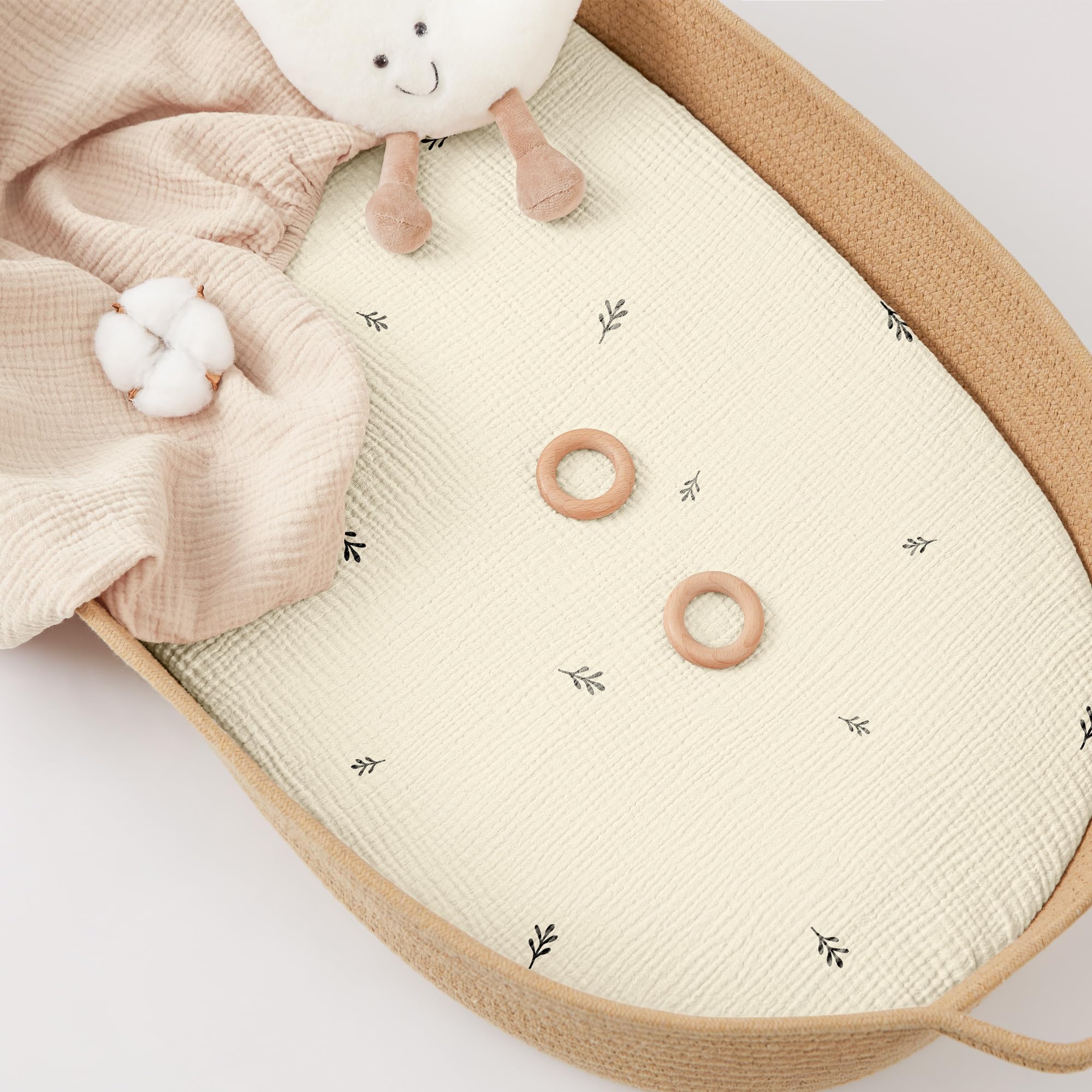 Susurration Lot de 2 Draps Housses Cododo pour Lit Bébé,100% Coton Mousseline Draps Housses Poussette Lit de Voyage et Couffin 50x90cm (Beige Leaf)