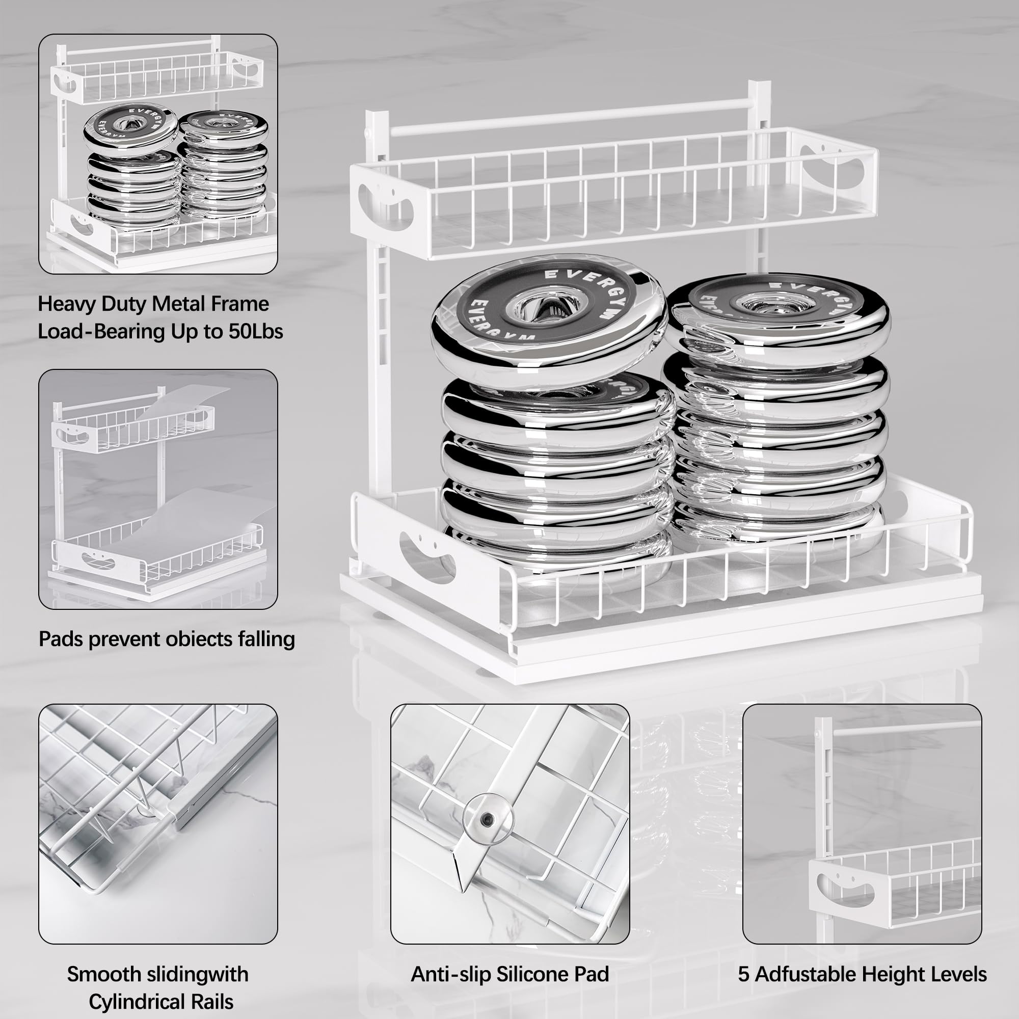 Organizzatore sotto il lavandino a 2 livelli, organizer estraibile in altezza regolabile, organizer per bagno e stoccaggio, organizer per armadietti, organizer per mobili da bagno, bianco