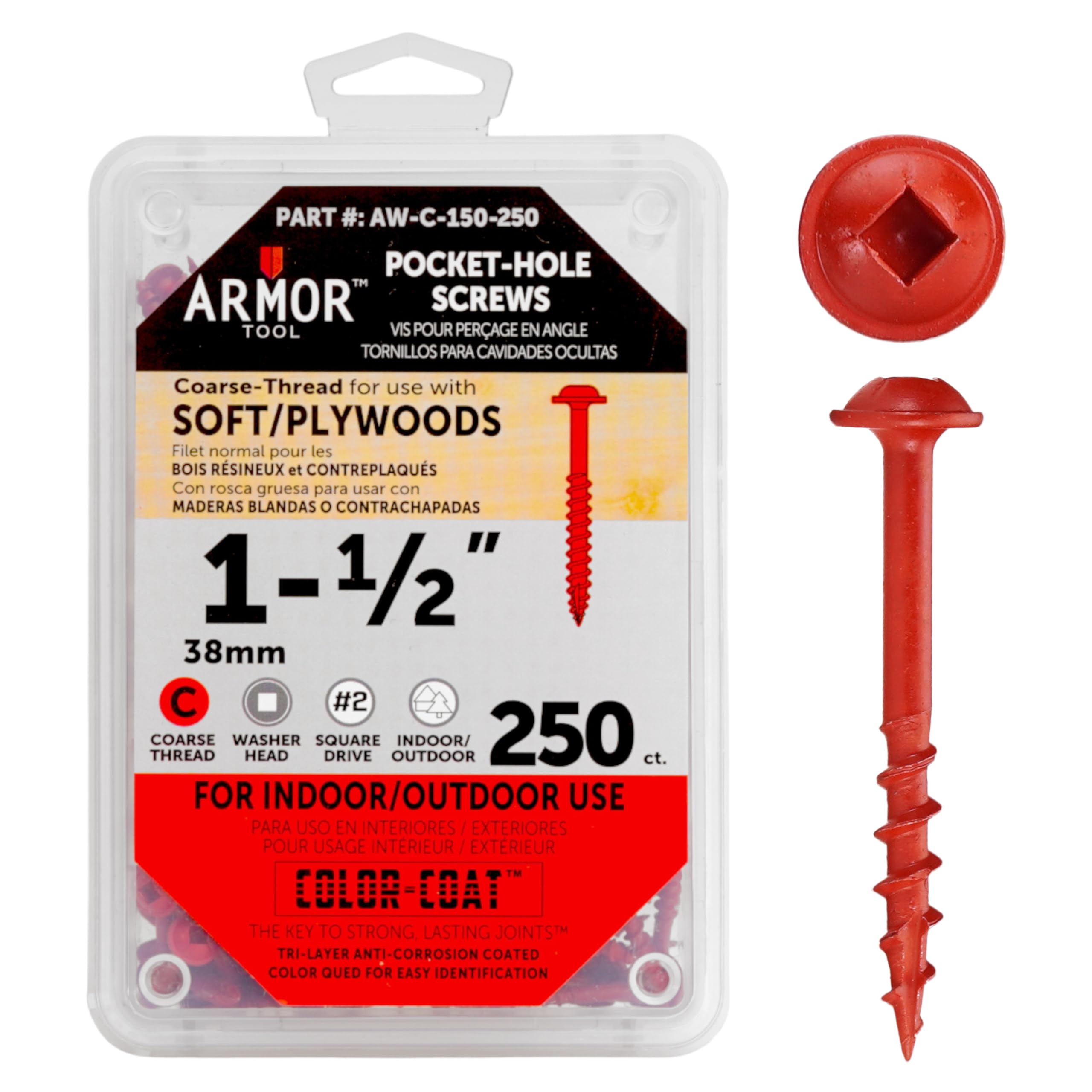 ARMOR TOOL Pocket Hole Screws - 1-1/2" Coarse Thread Joinery Screws 250 Pack with Red Color Coat & Square Drive - AW-C-150-250