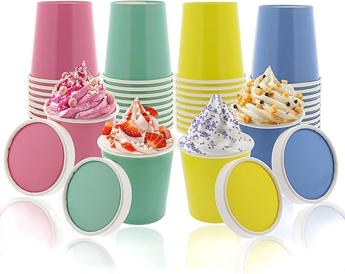 Vasos de papel para helado con tapas, paquete de 40 vasos de postre de papel desechables coloridos para helados, sopas y aperitivos