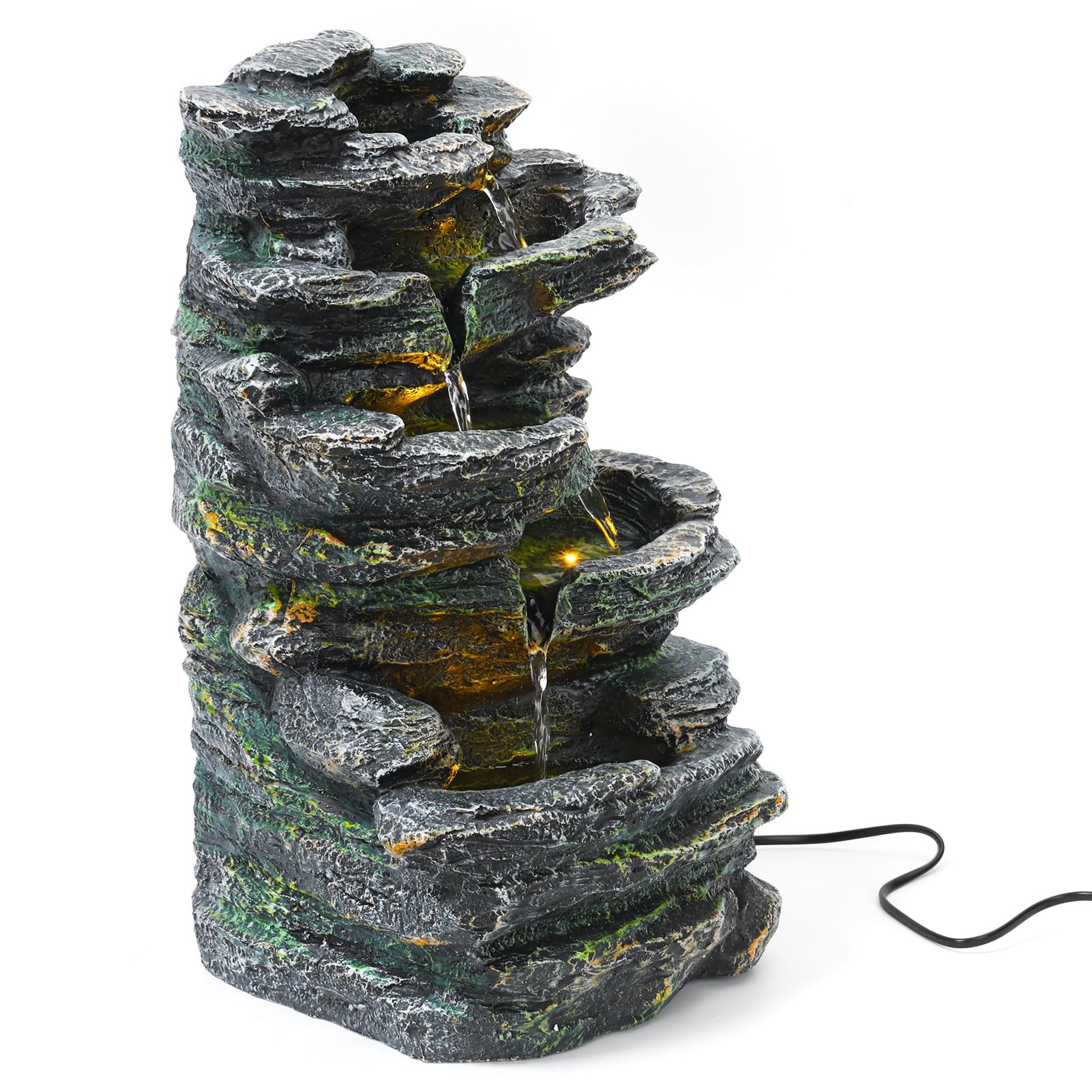 6-Tier Outdoor Cascading Rock Water Fountain with LED Warm Light, Outside Patio Water Features Fountain, Garden Waterfall Decor for Patio, Backyard, Porch UK